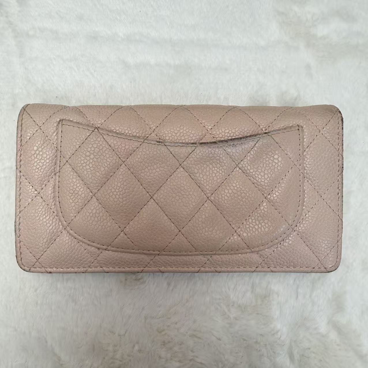 🎀Chanel淡粉系列 牛皮銀扣長銀包🎀