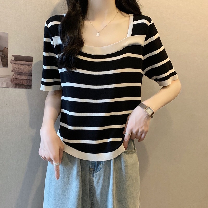 B246(1006) 韩版撞色横纹显瘦下摆圆角冰丝针织黑上衣 