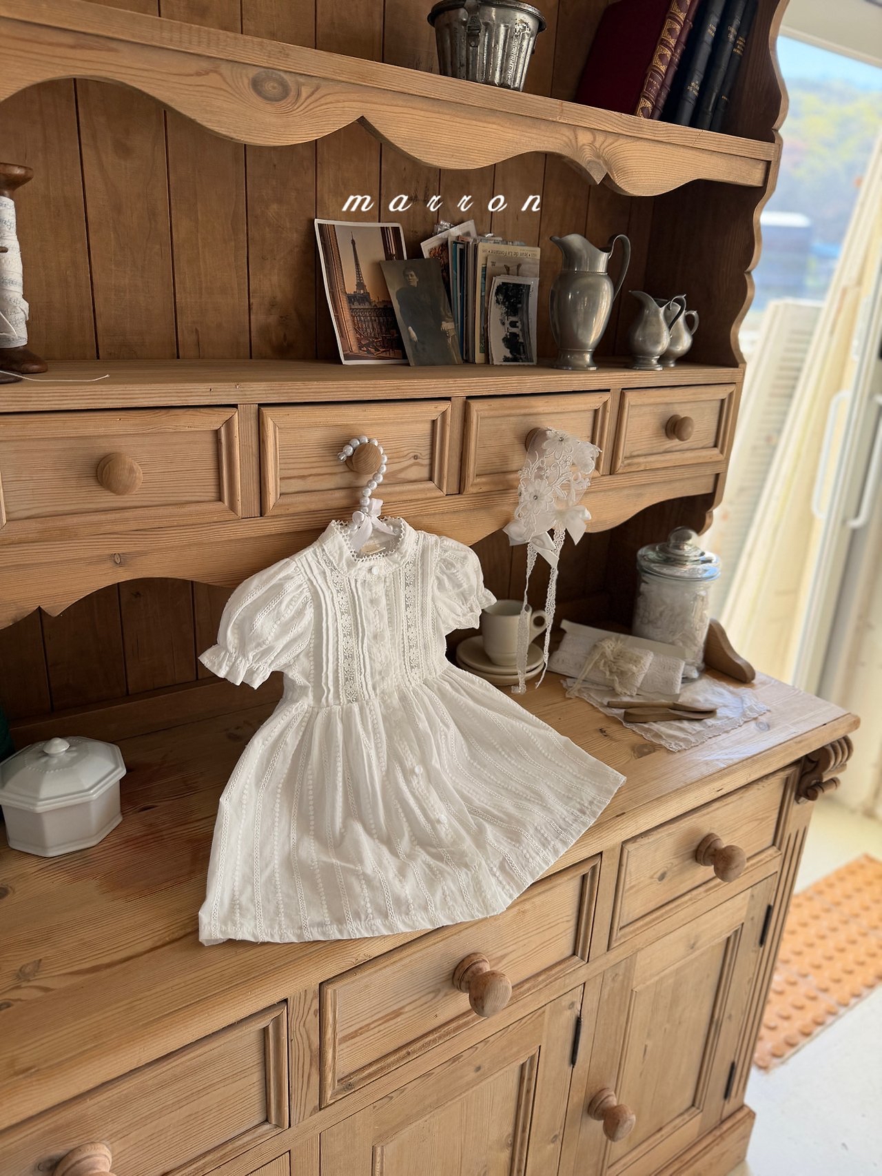 ☀️預訂 韓國直送☀️🇰🇷Marron蕾絲提花泡泡袖連身裙