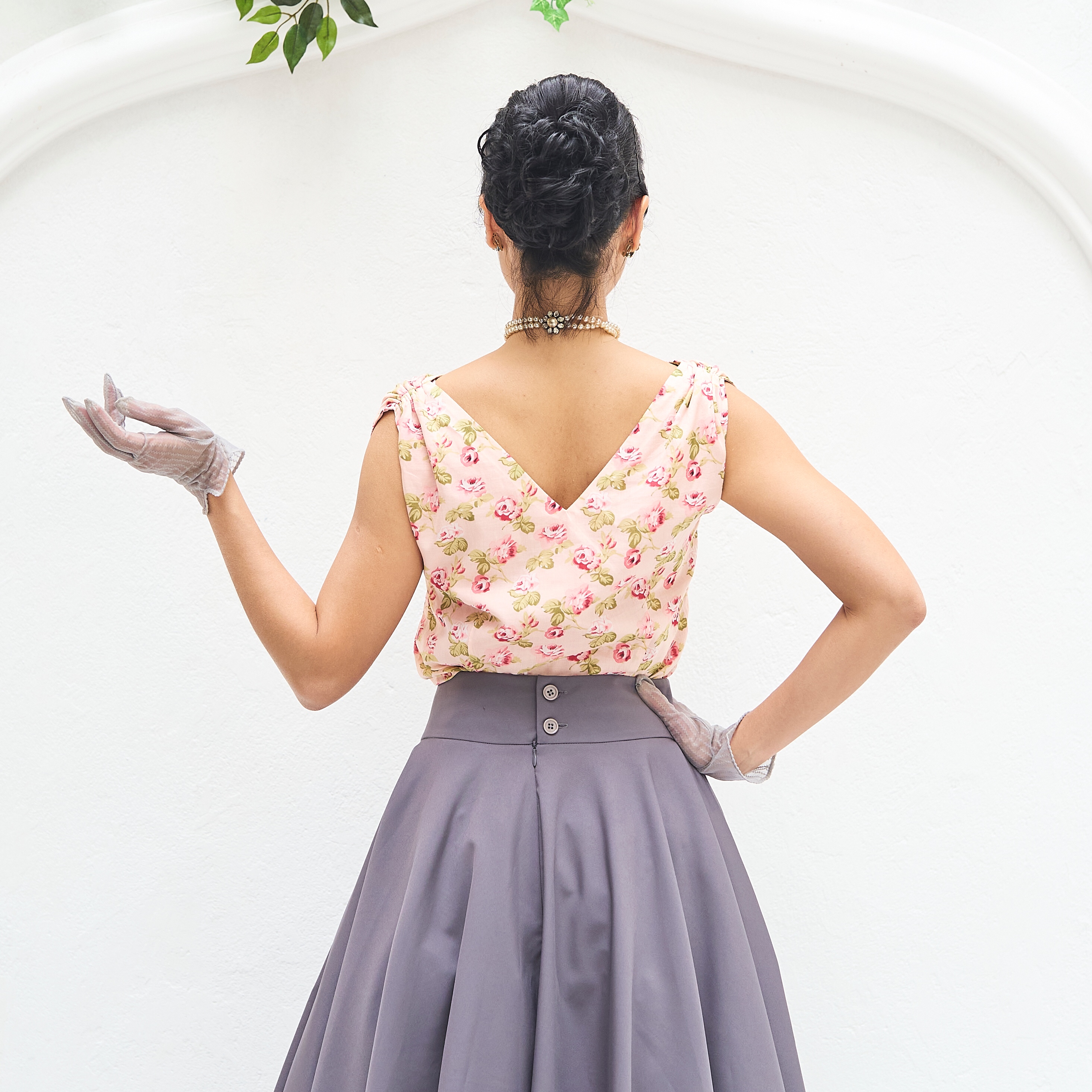 (Ready-Made)1950s Style Romantic Garden Rose Cotton V-Neck Top (FM184)