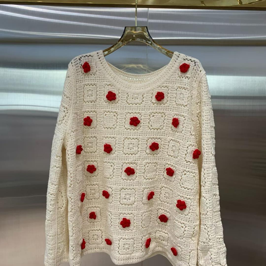 紅色花梨鏤空針織衫