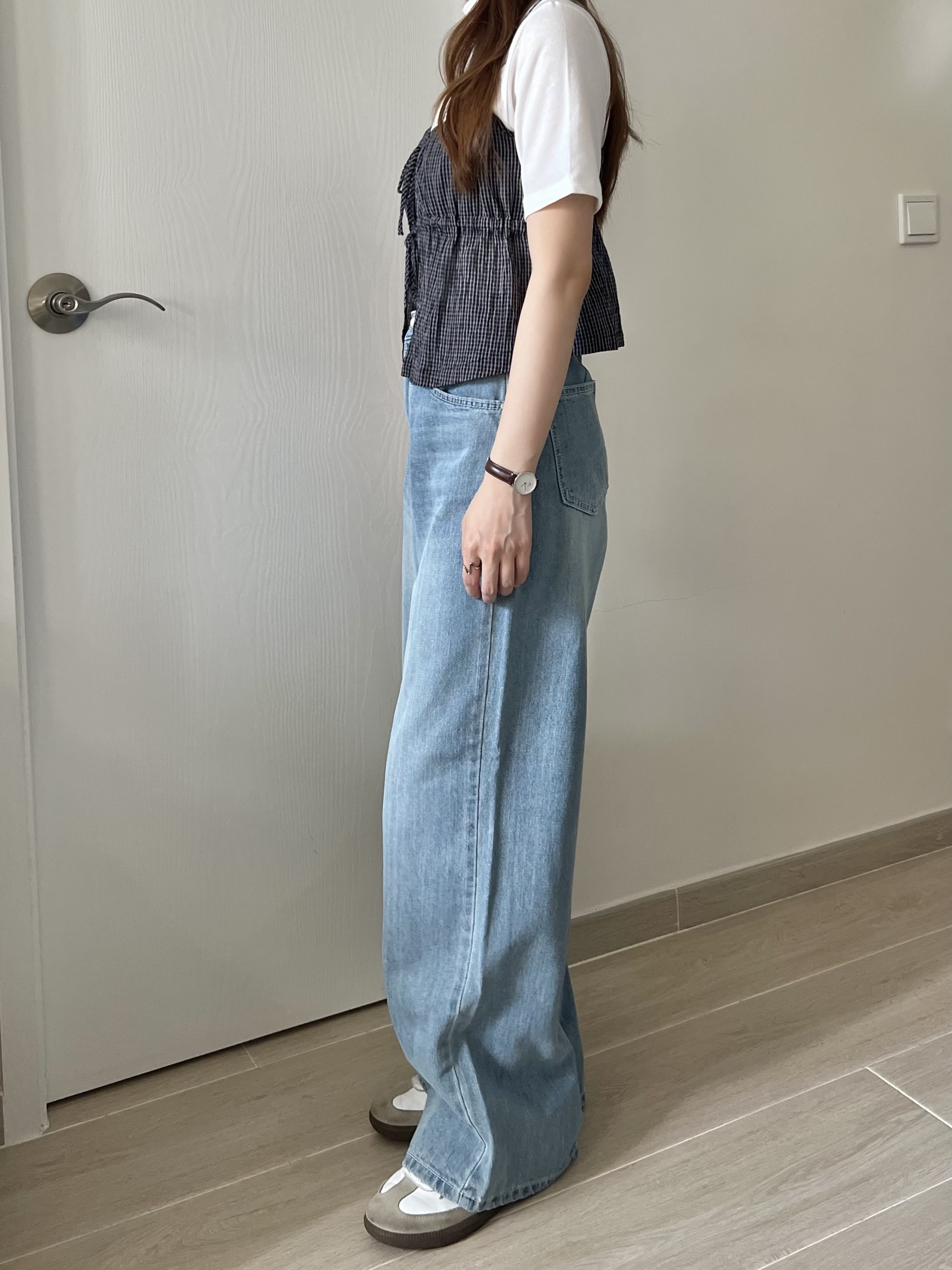 雙結皺皺格紋外搭背心 現貨