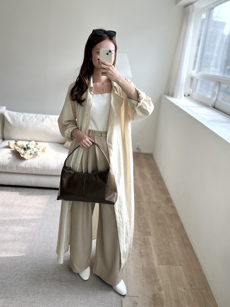 Minimal Belted Shirt Dress (Light Beige)