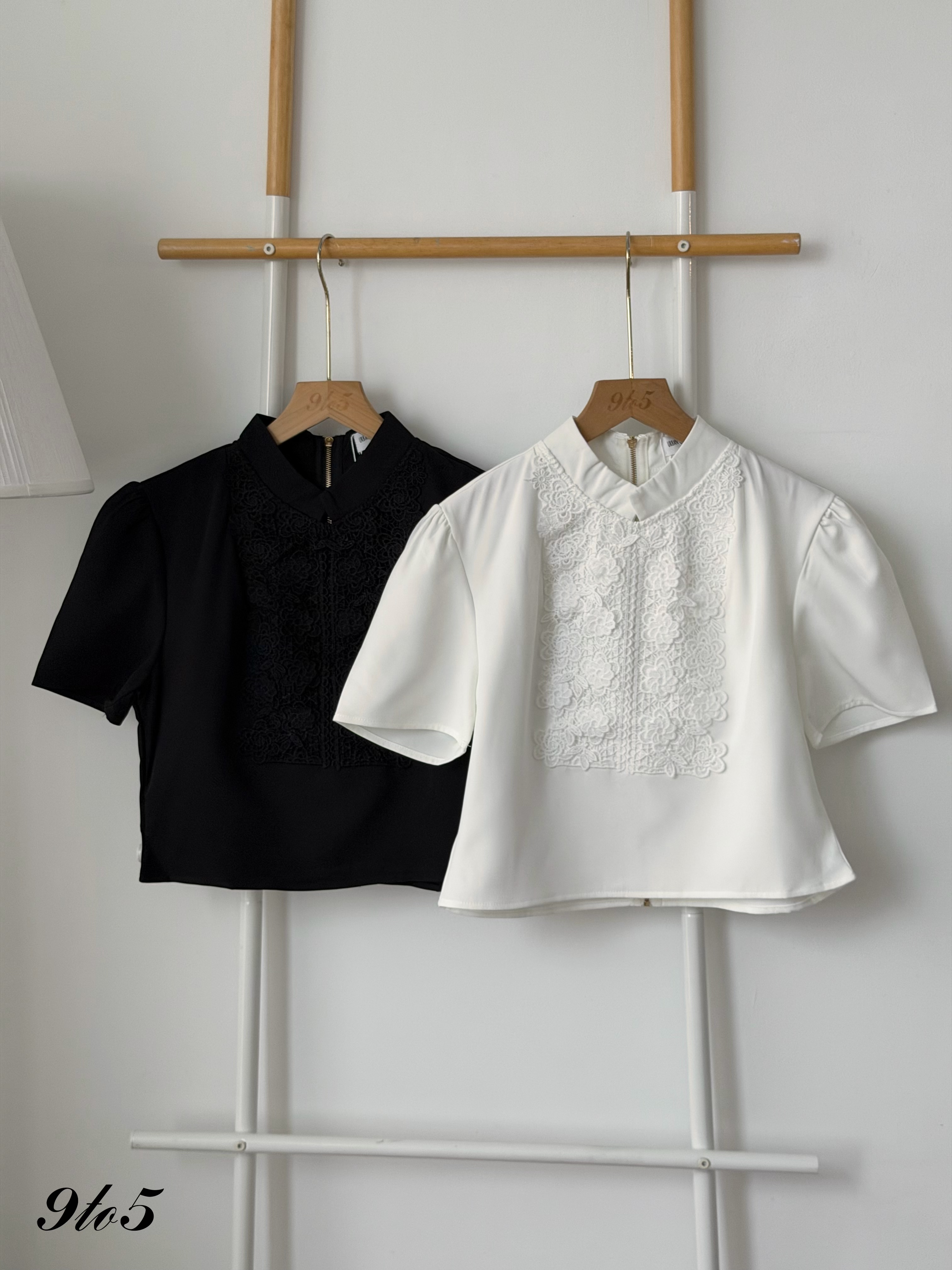 T4455 Puff Sleeve Lace Detail Blouse - 3 Colors