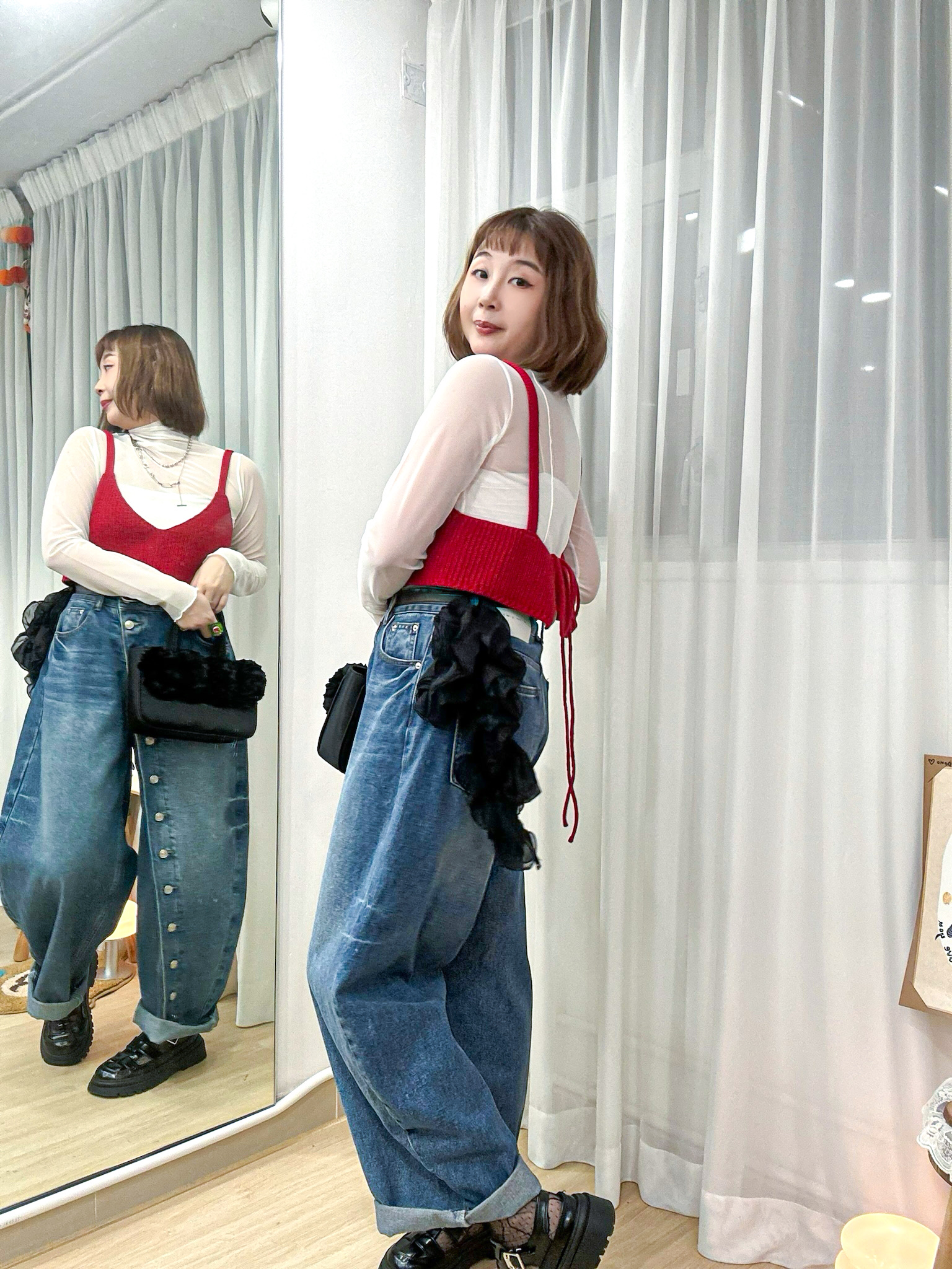 【WK推介】韓系街頭個性風～斜排扣立體感繭型牛仔褲 MU0002 - 藍色 Denim Blue
