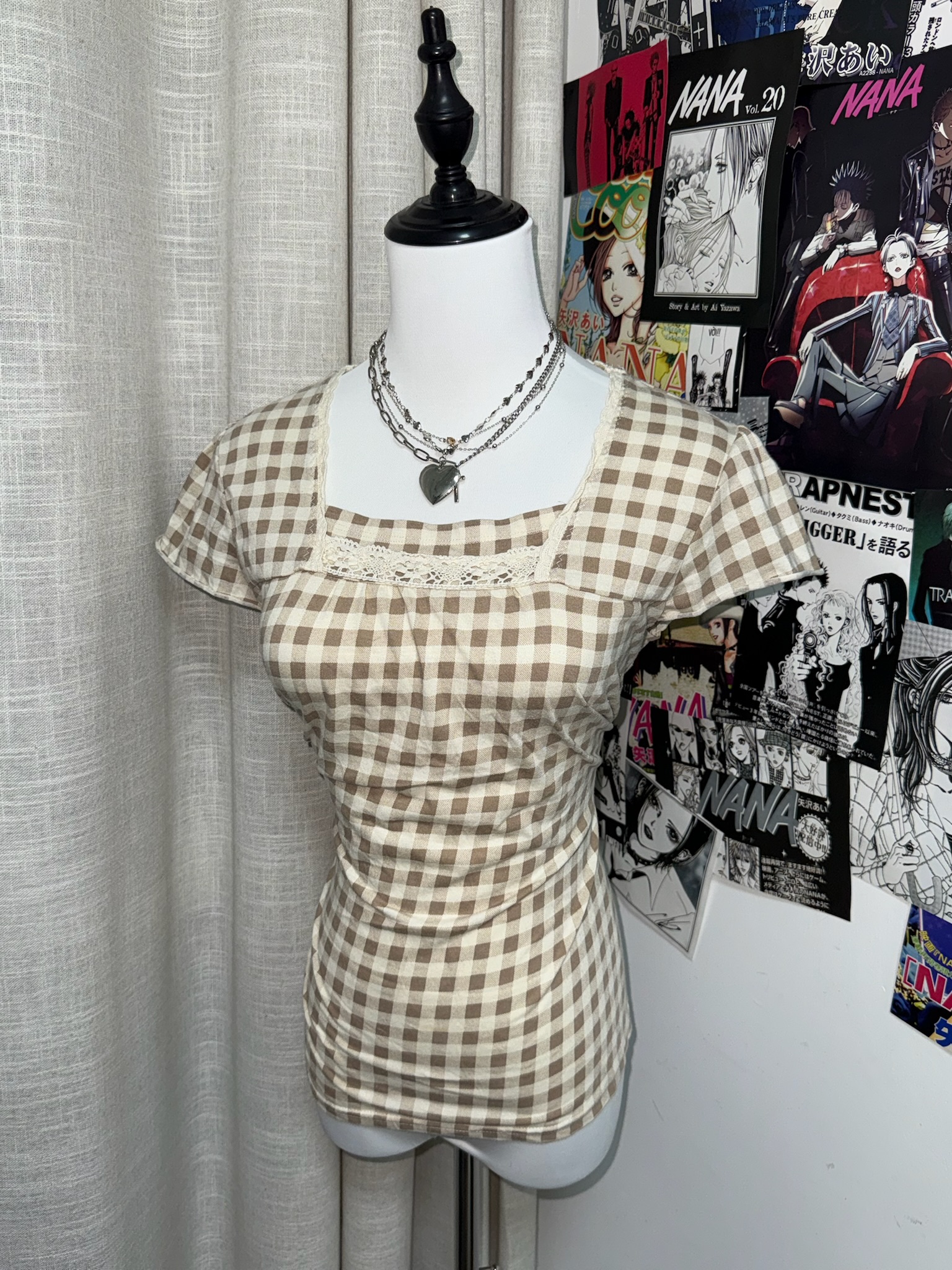 Cottagecore Lace-Detail Gingham Fitted Tee