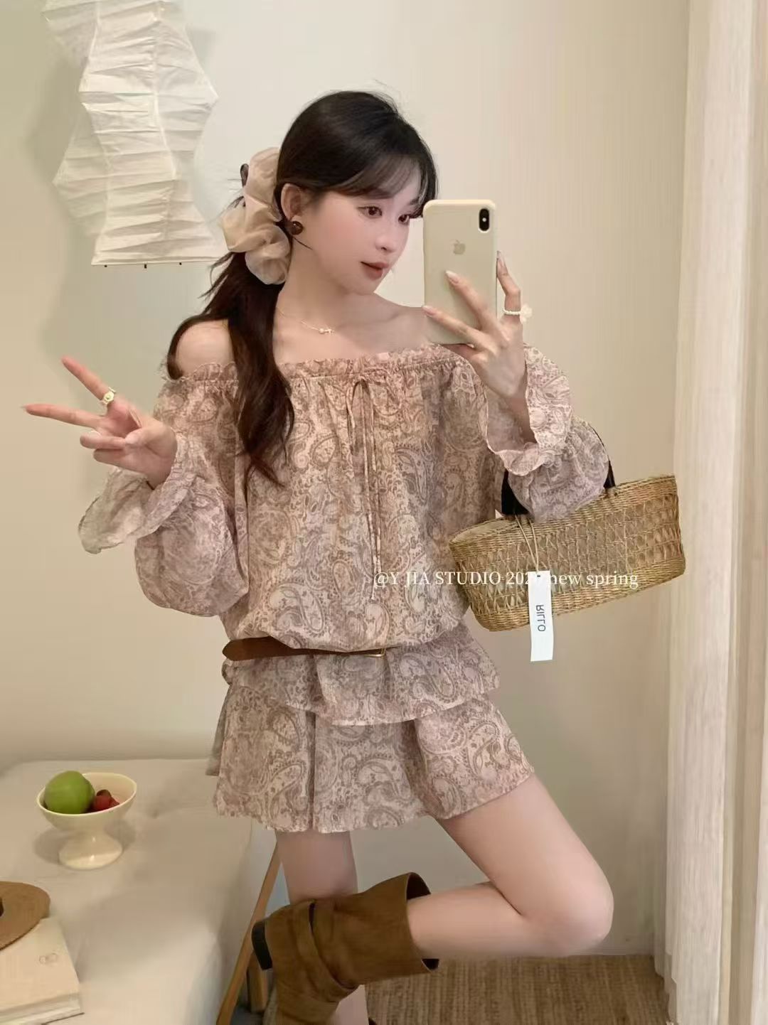 1773 Paisley Off-Shoulder Set法式度假佩斯里腰果套装