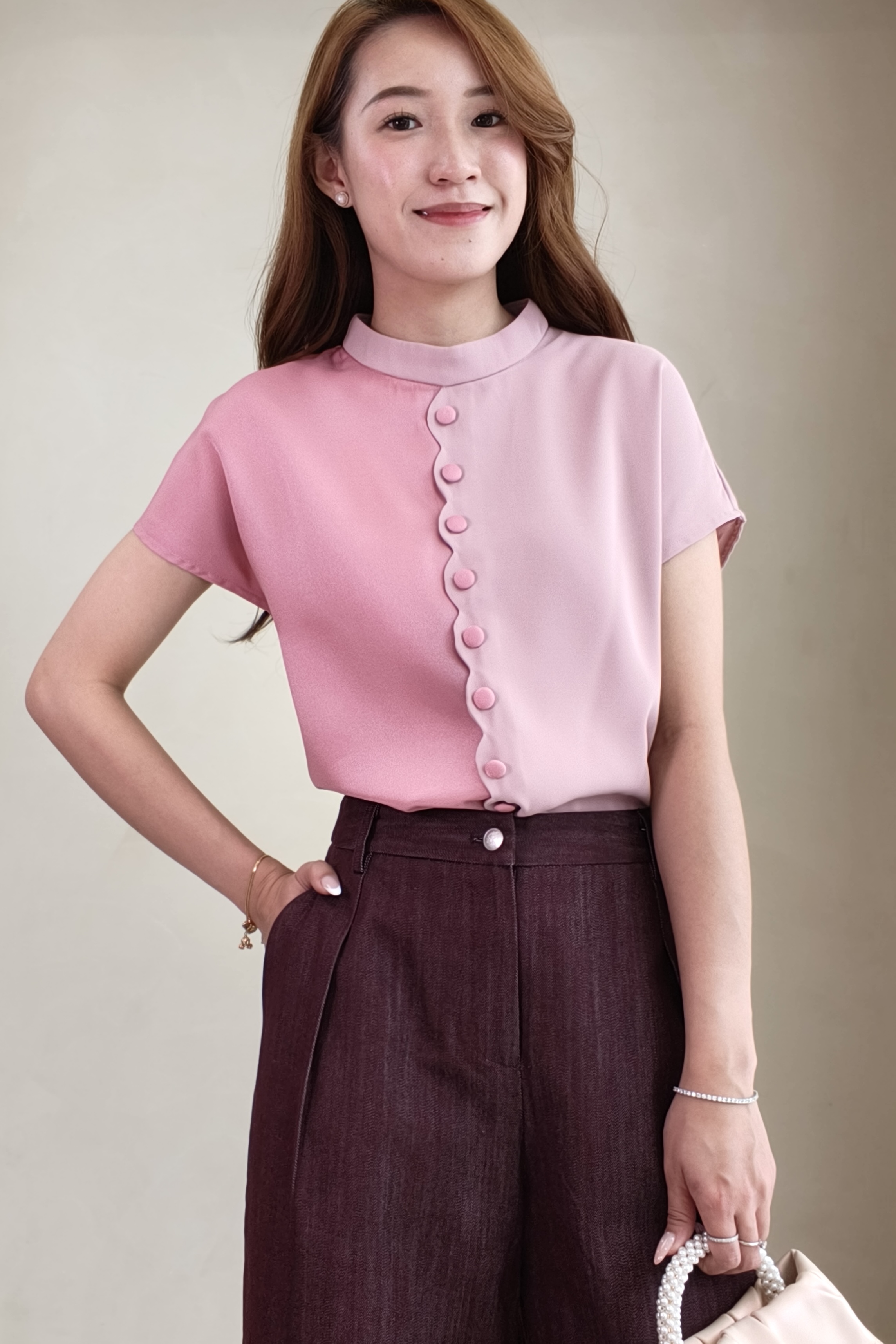 210581 Celeste Contrast Button Satin Blouse