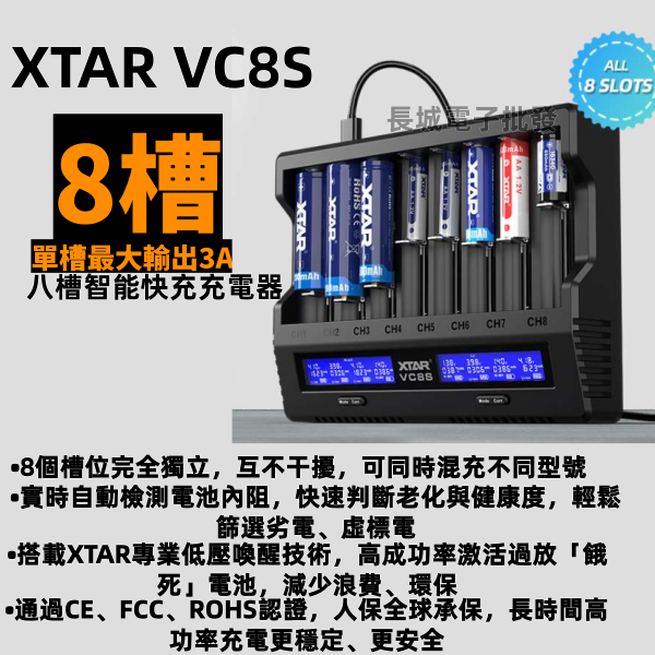 XTAR VC8S 八槽智能快充充電器：45W大功率+8槽獨立，充電/測容/修復/存儲一機滿足！