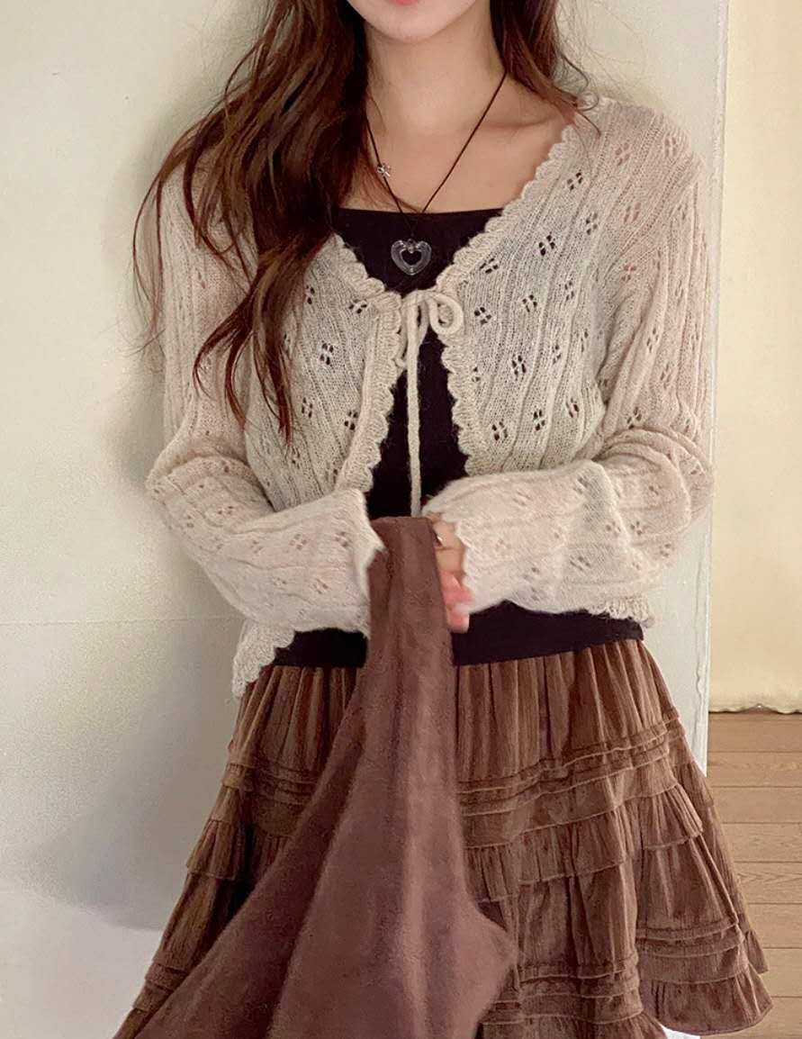 【 🌷一見鍾情の春天色調！精緻小通花鏤空綁帶外套🌸💗 】Candy Ball Mohair Cardogan Top(五色入)