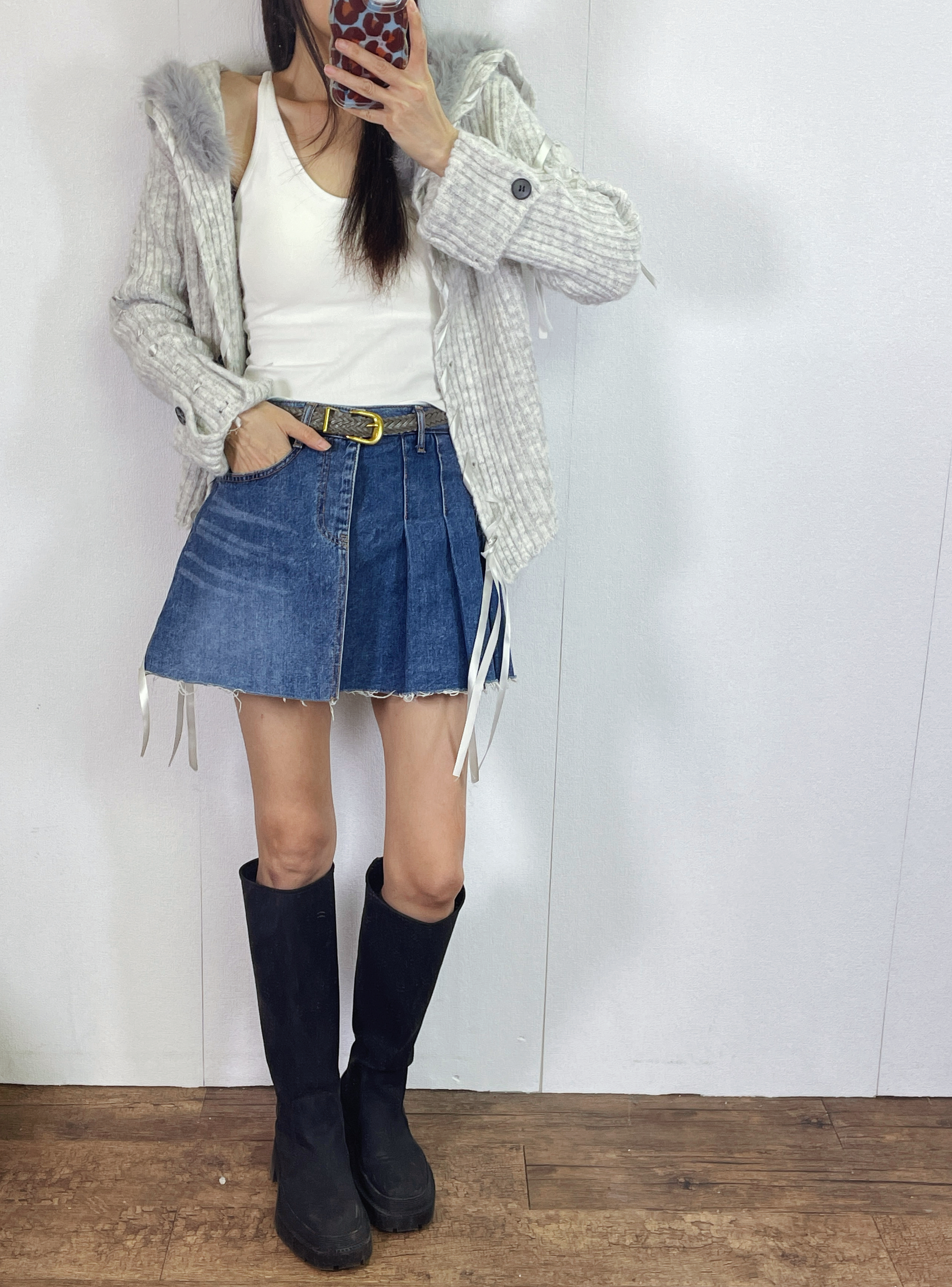 K5531 毛毛領拼絲帶針織外套