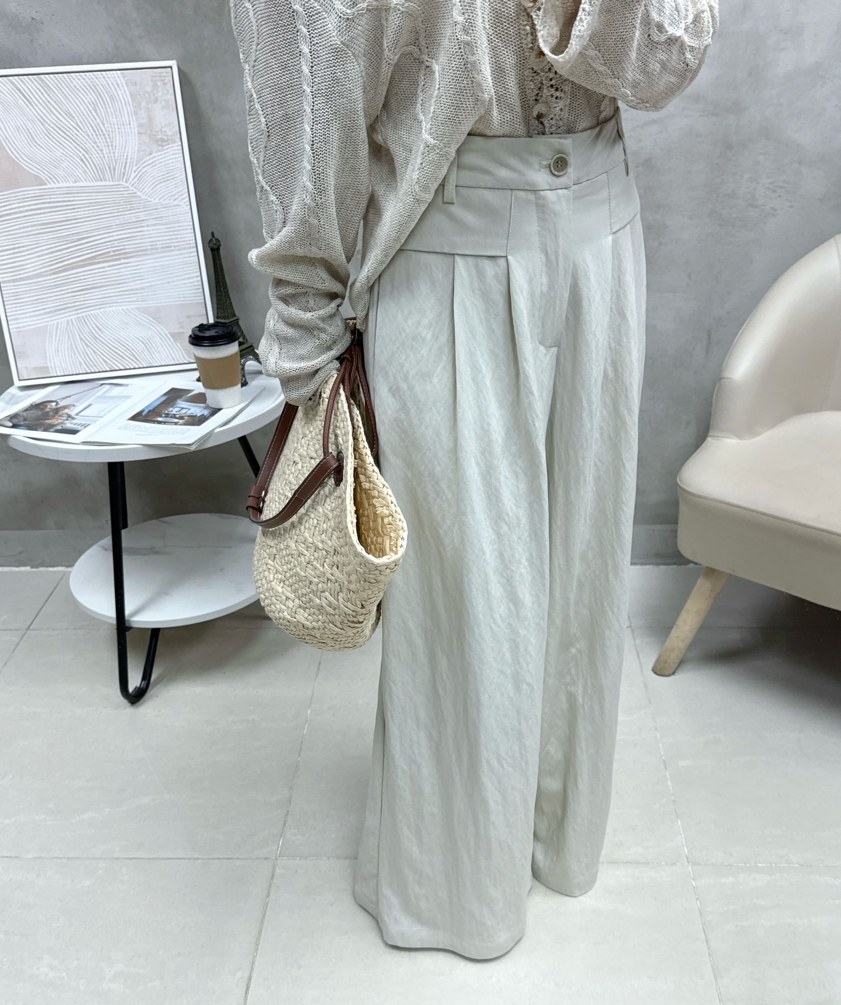 C10 恤衫棉打褶闊褲