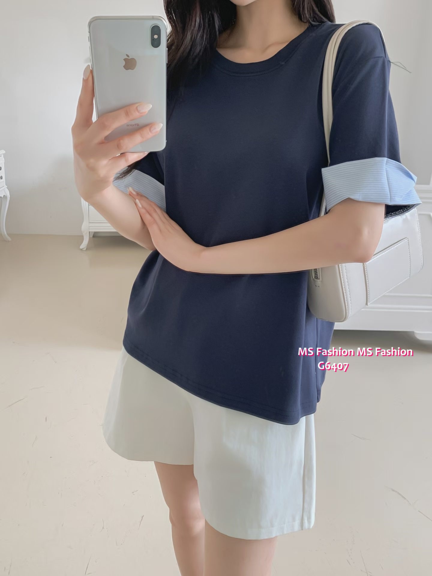G6407 拼條子袖口top