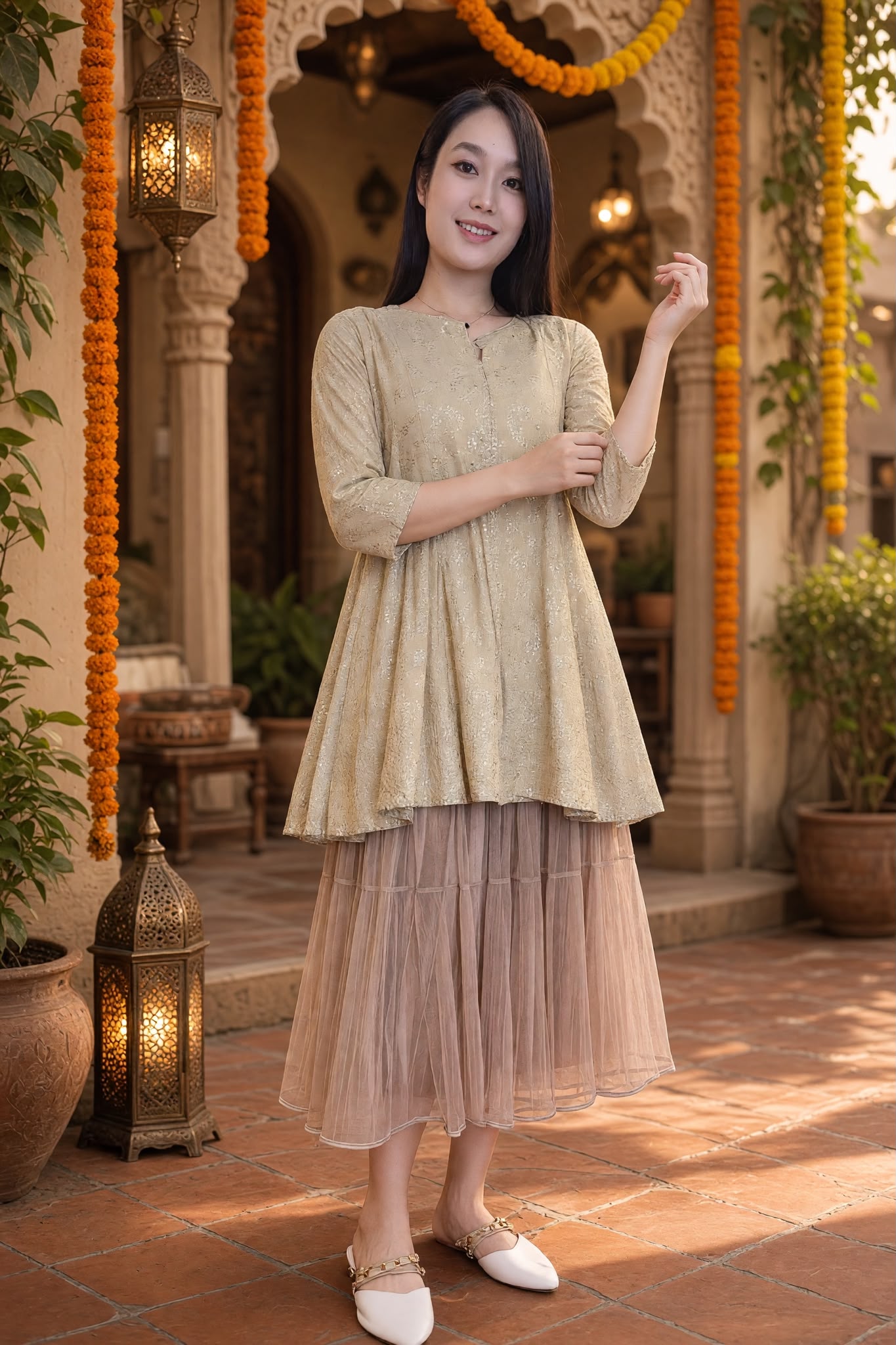 3525 Light Brown Golden Stampling Long Top