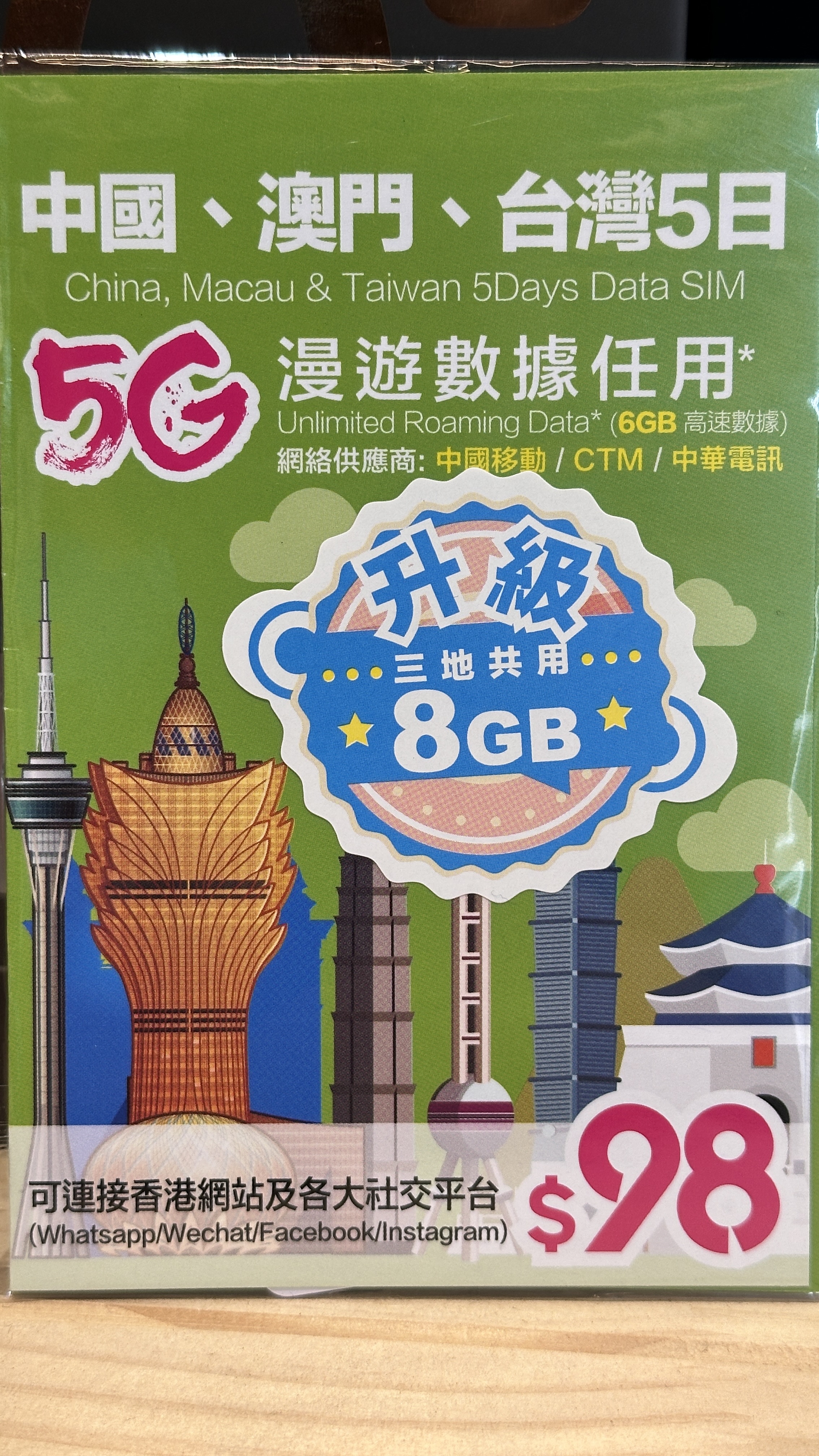 中國澳門台灣3地共用5G數據卡