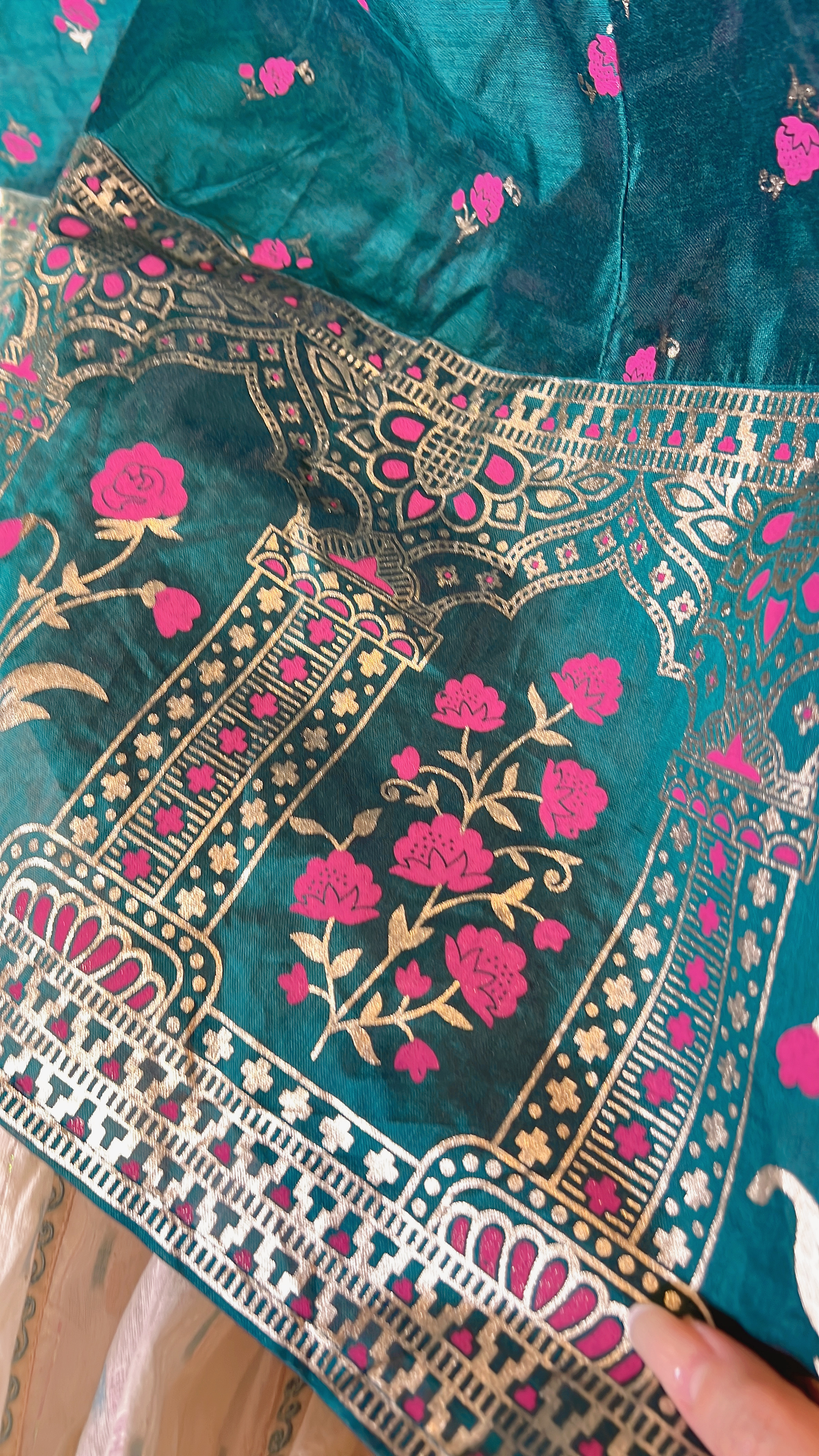 Peacock Green Heavy Emb. with Pink Rose SIlky OP #1070