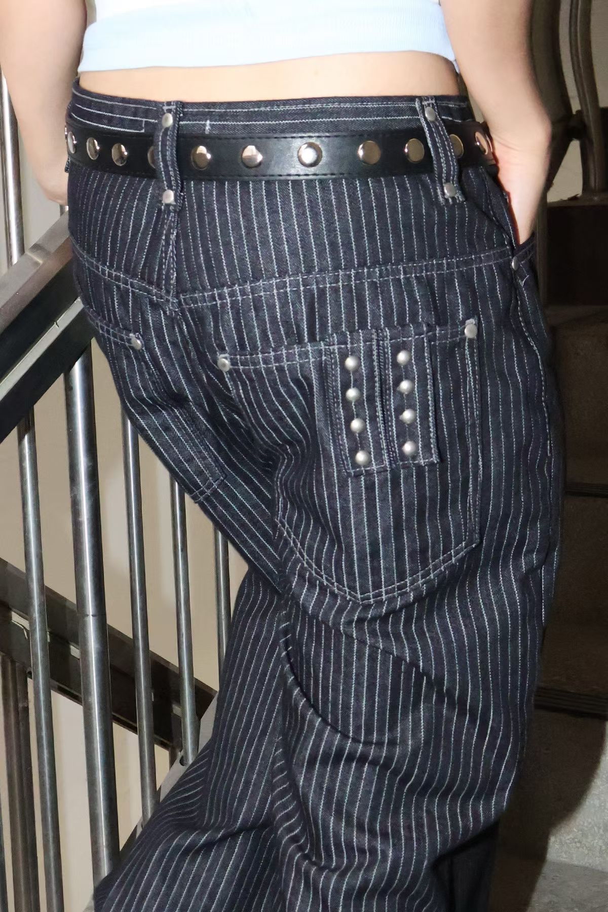 Studded Stripe Wide Denim Pants