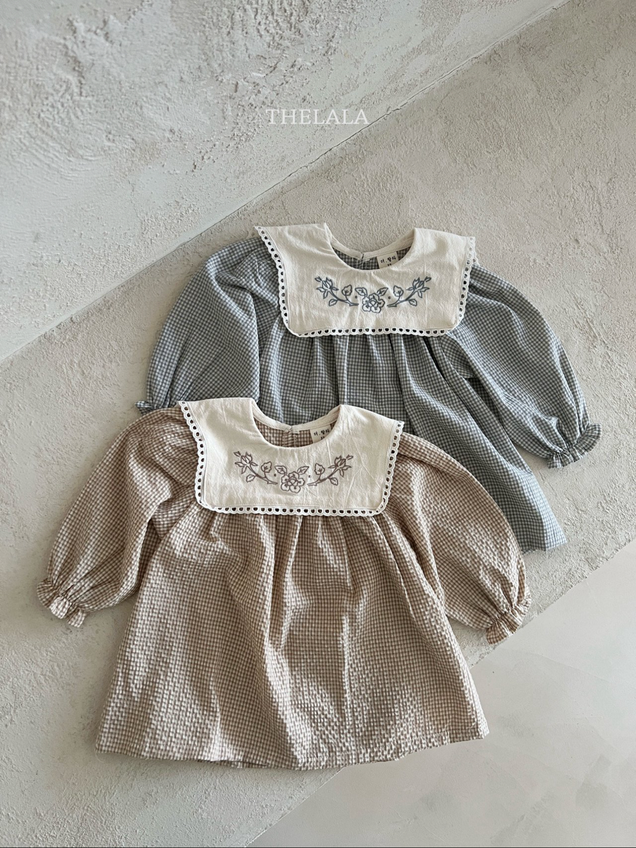 🌸預訂 韓國直送🌸🇰🇷THELALA兩色花卉刺繡方形翻領格紋長袖連身裙