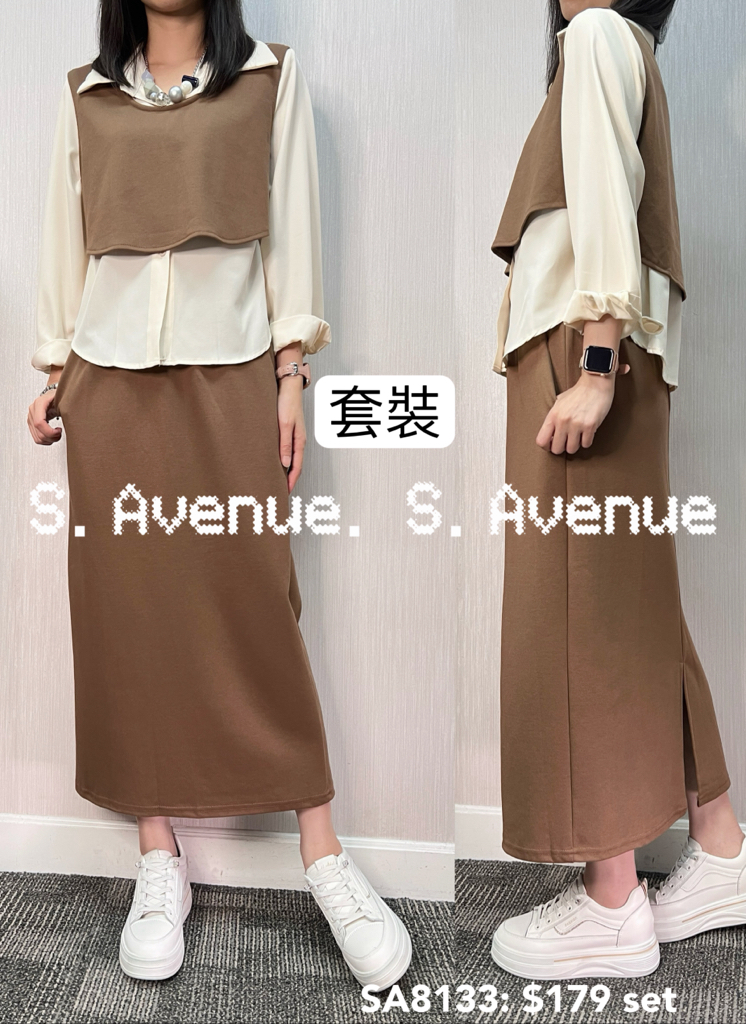 SA8133: 長袖shirt配背心配半截長裙套裝