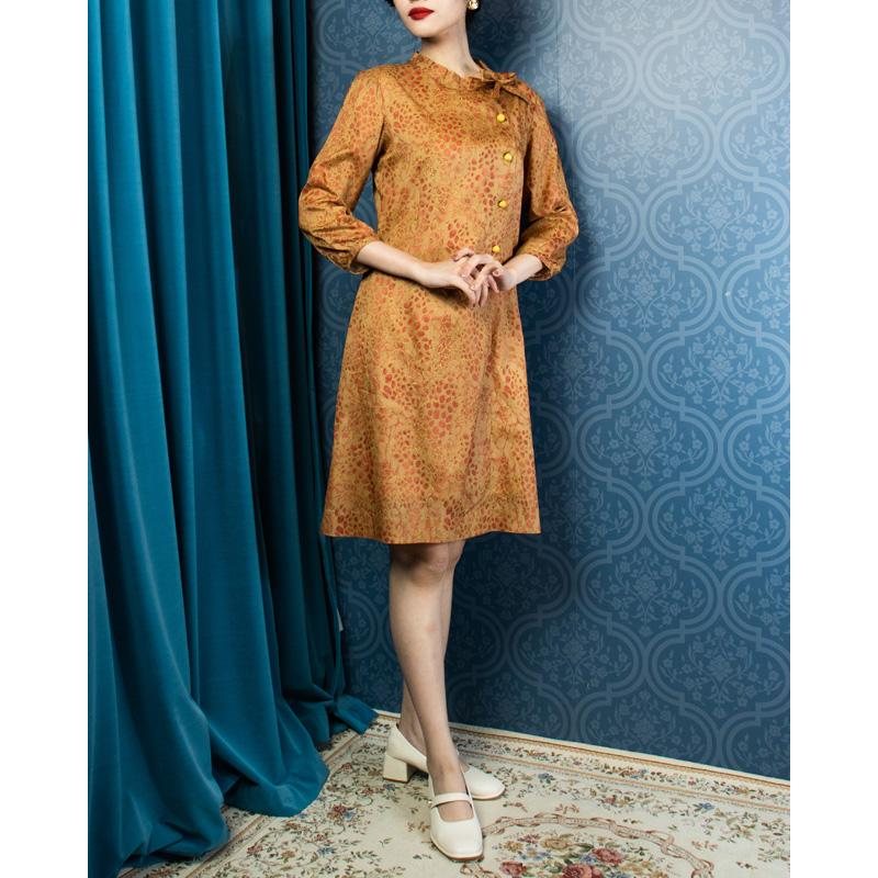 Late 1960s-1970s Side Tie Collar Patterned Shift Dress/MOD Dress (NA0698)