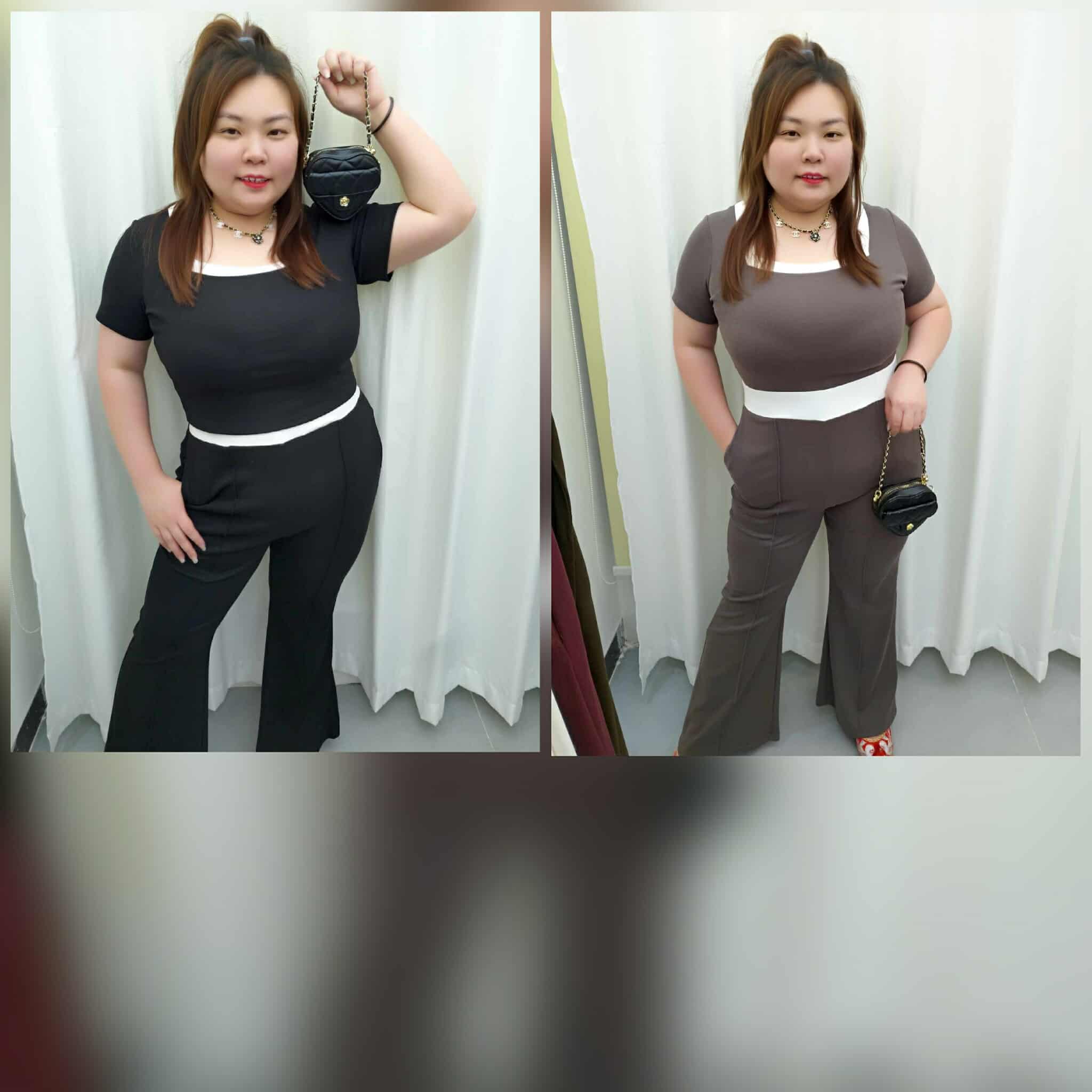 TW#8179 拼色四方领长裤套装