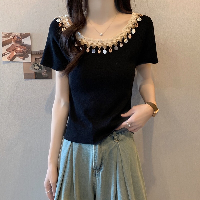 B98(976) 波西米亚风大U领亮片流苏领边针织黑黄上衣