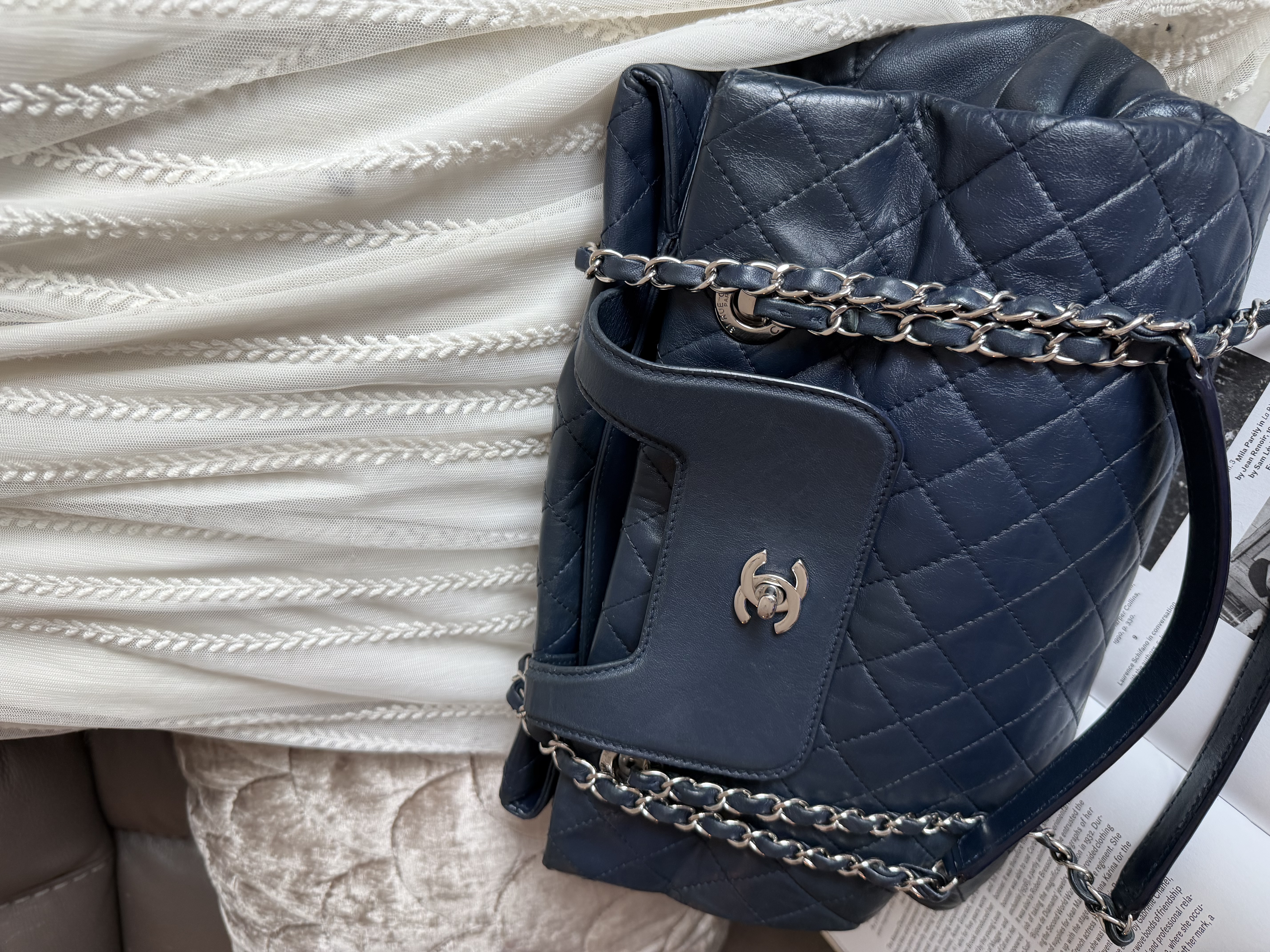 Chanel quilted matelasse navy leather chain bag