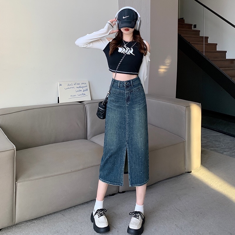 B274(30366) 韩版JEANS时尚高级感烫钻前开角蓝长裙