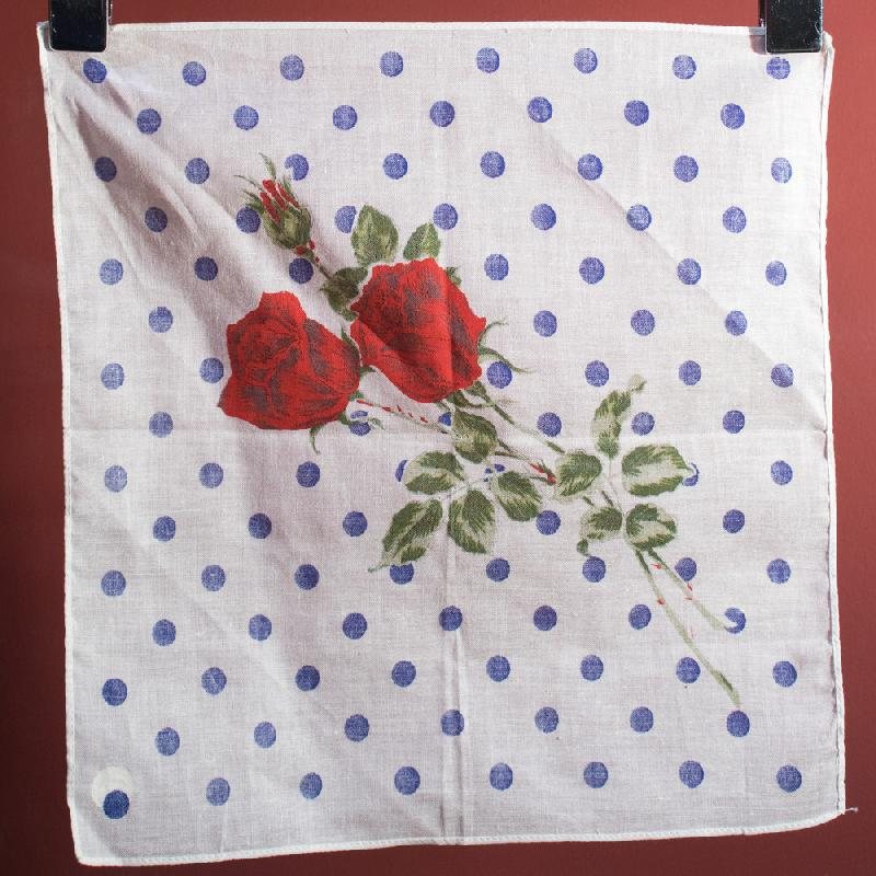 Vintage C.a. 1960s German "Peacock" Rose & Polka Dot Cotton Handkerchief - New Old Stock (EV387)