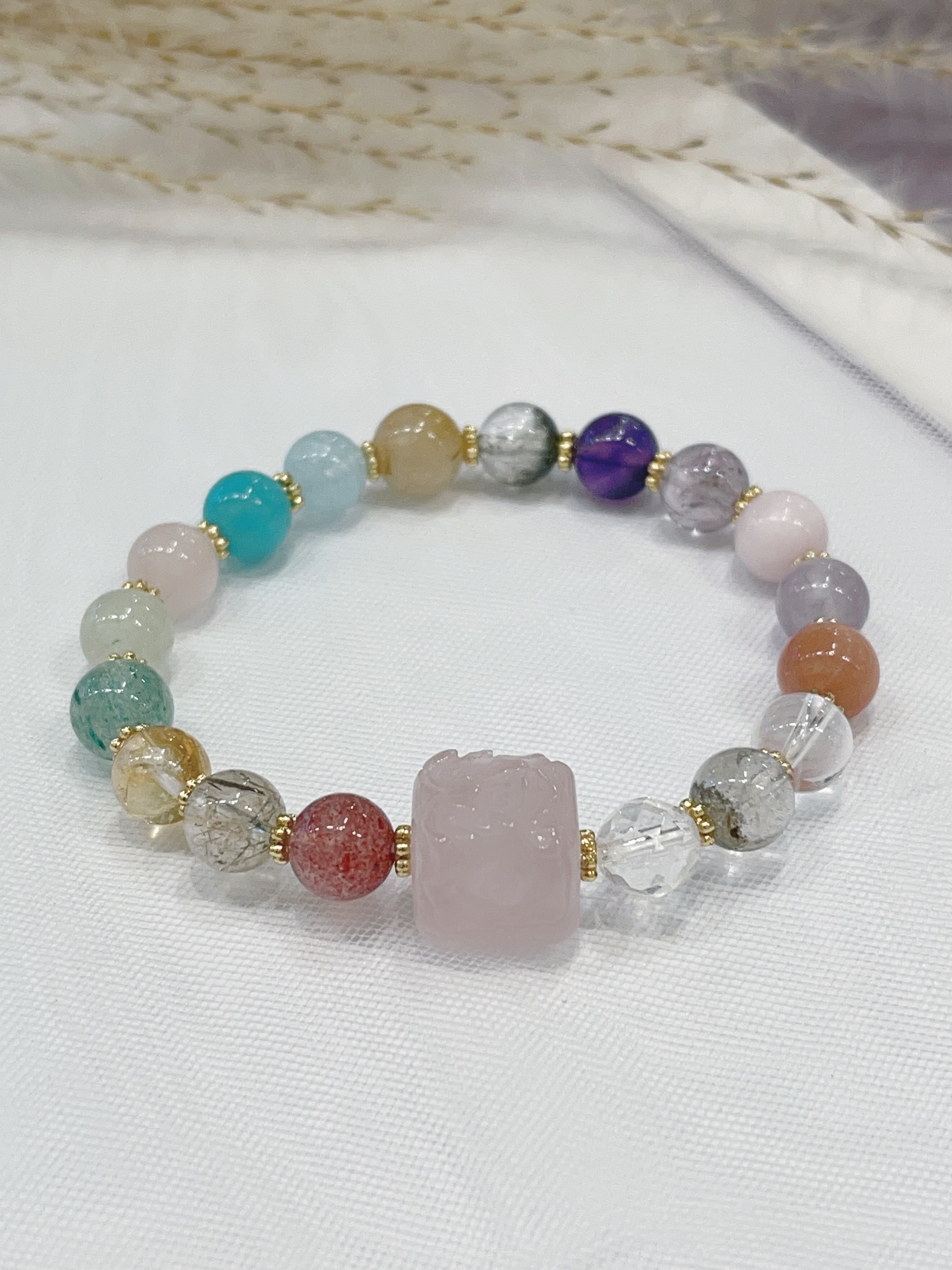🌸 粉水晶方糖 × 多宝水晶手串  Rose Quartz Cube & Mixed Crystals Bracelet｜8mm
