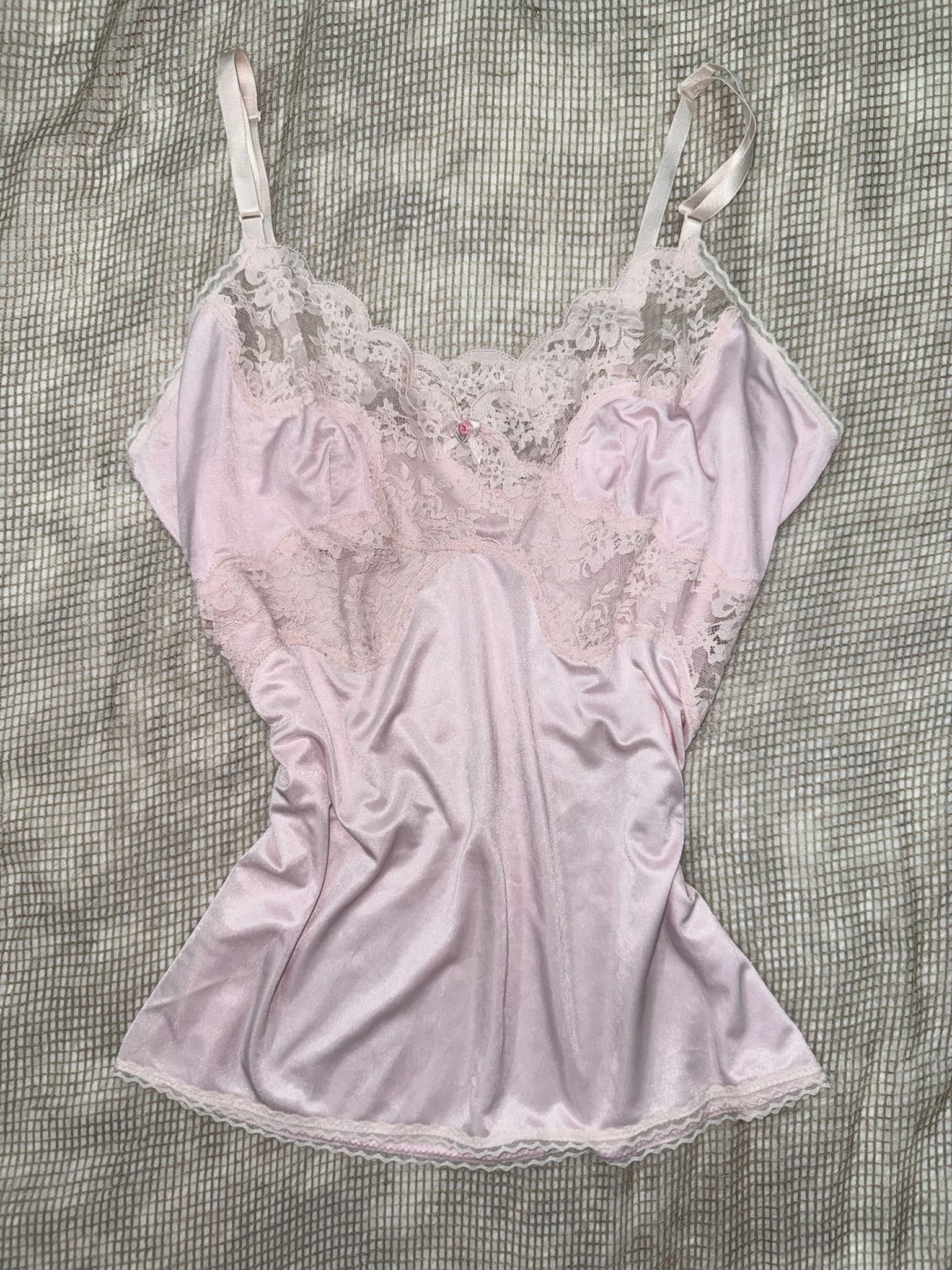 Baby Pink Satin Camisole with Sheer Floral Lace and Rose Bud Detail