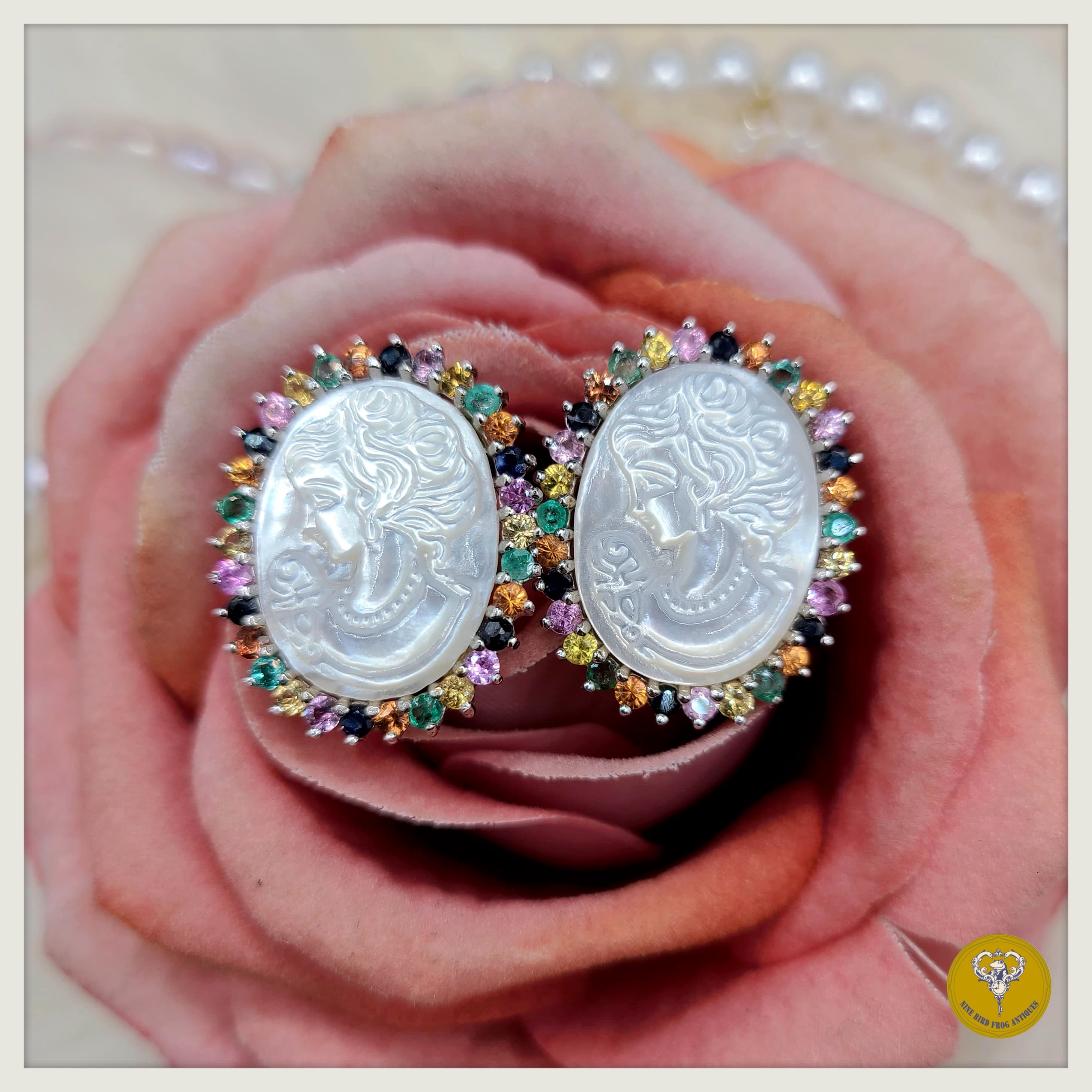 彩色水晶貝母Cameo純銀耳環