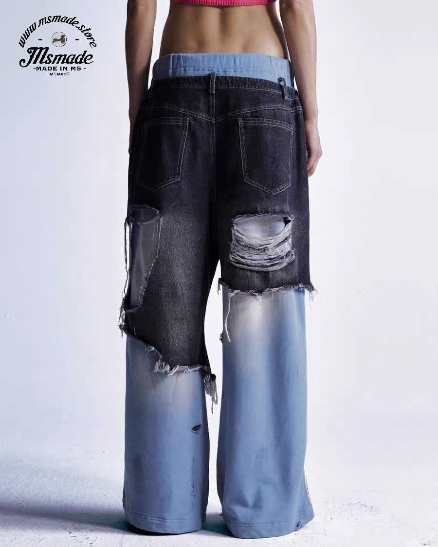 M022拼接牛仔撞色假兩件喇叭褲