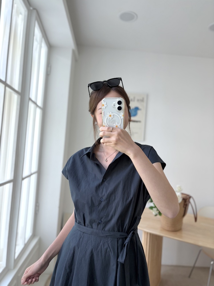 Elasticated Waist Shirt Dress (Navy)