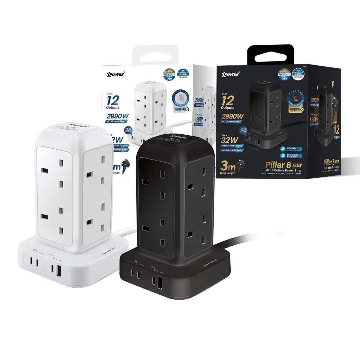 XPower Pillar 8 PL8 迷你直立式12輸出拖板 3米線長 8個插頭 PD 3.0輸出拖板