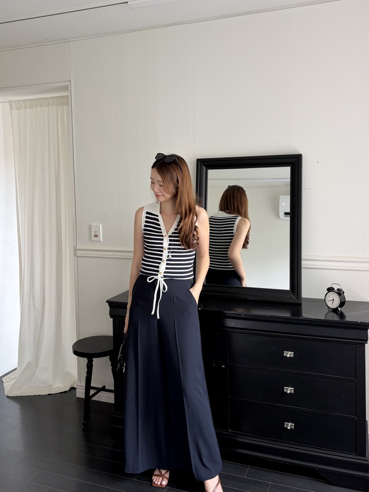 [超涼!!] Contrast Belt Wide Leg Slacks (Navy)