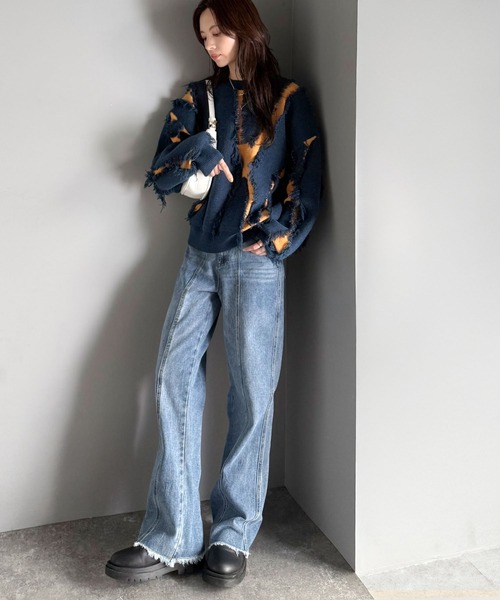 不規則流蘇拼色針織上衣【JT019】