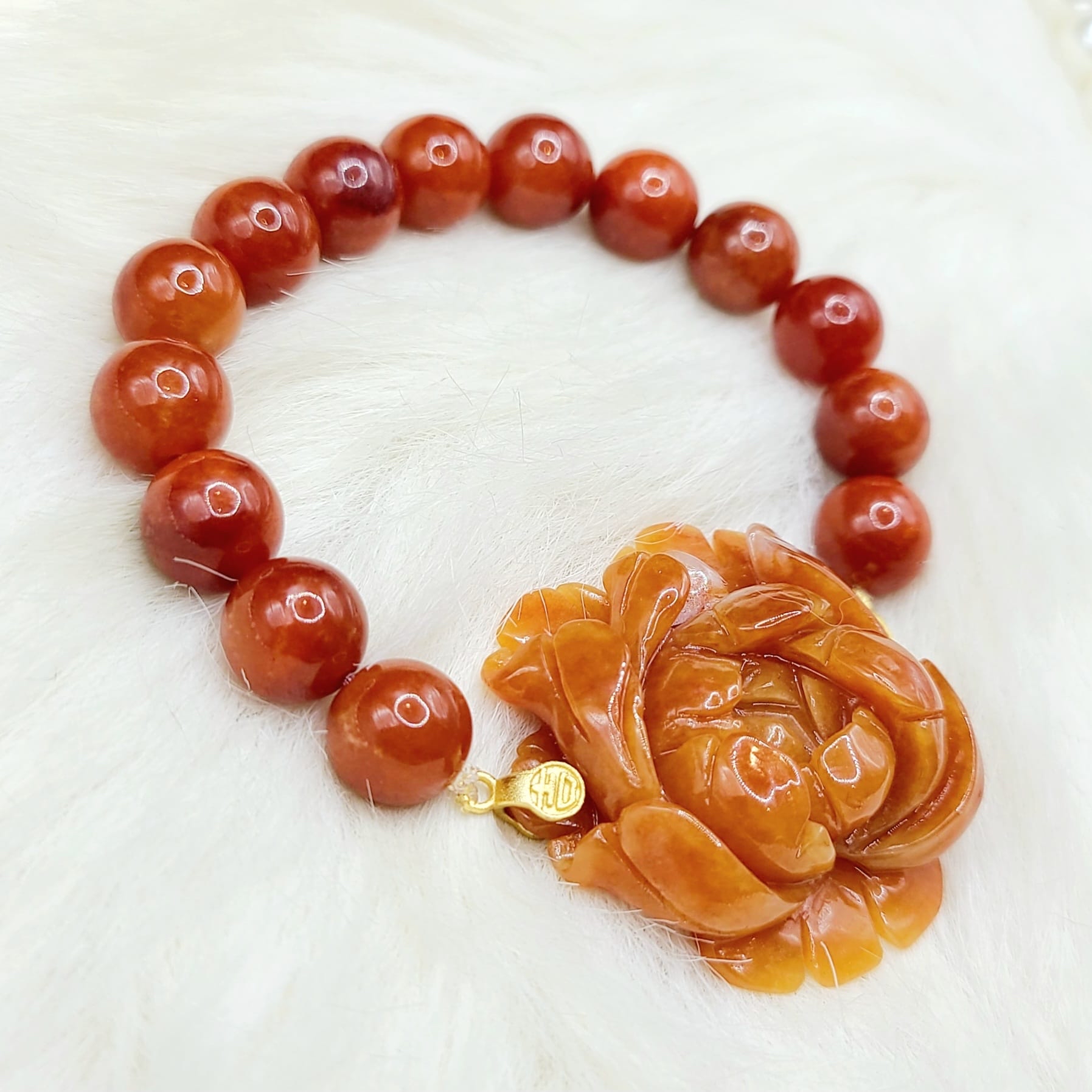 80年代紅翡牡丹雕花手串