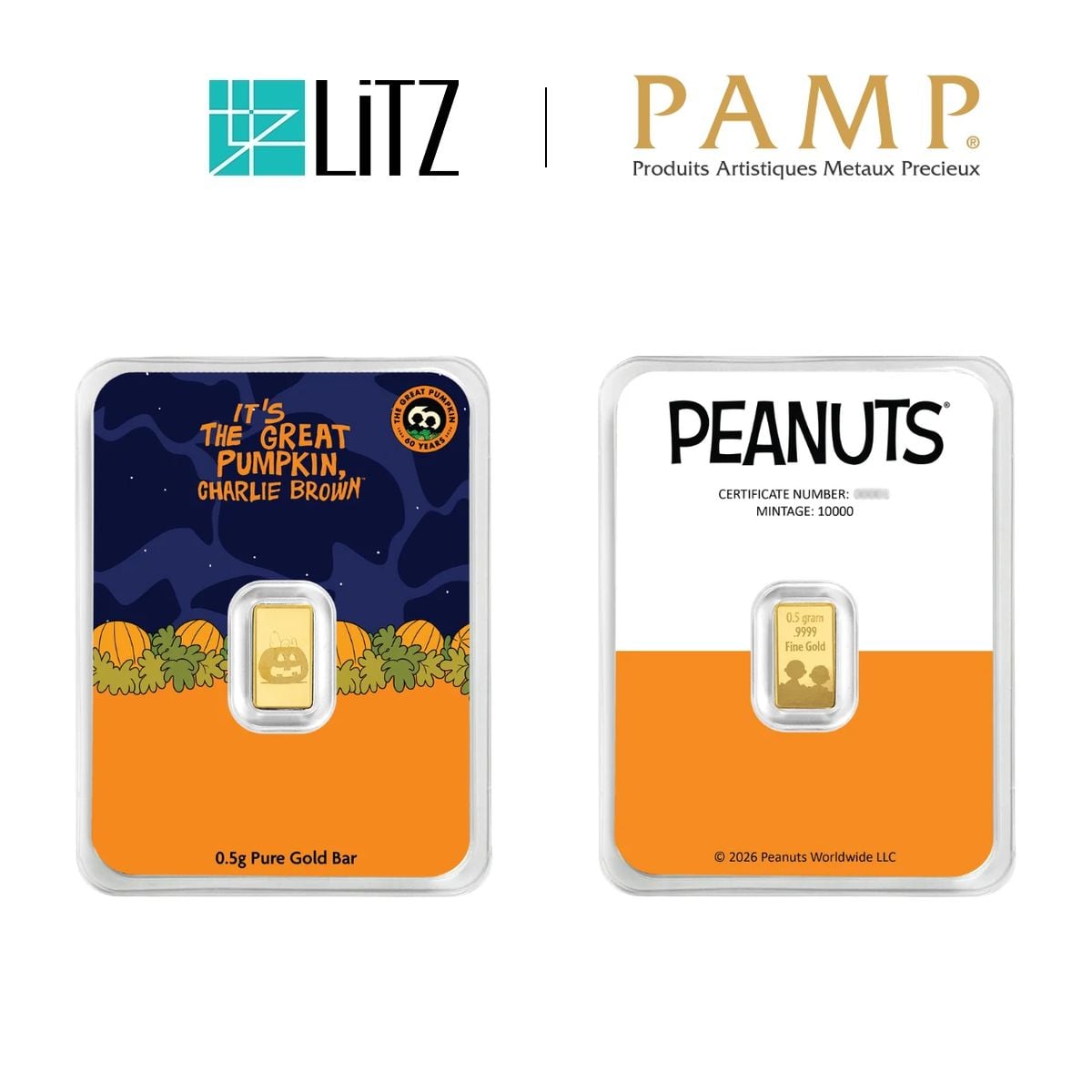 [0.5 g] LITZ Peanuts Great Pumpkin Charlie Brown 60th Anniversary Limited Edition Gold Bar (999.9) PG090