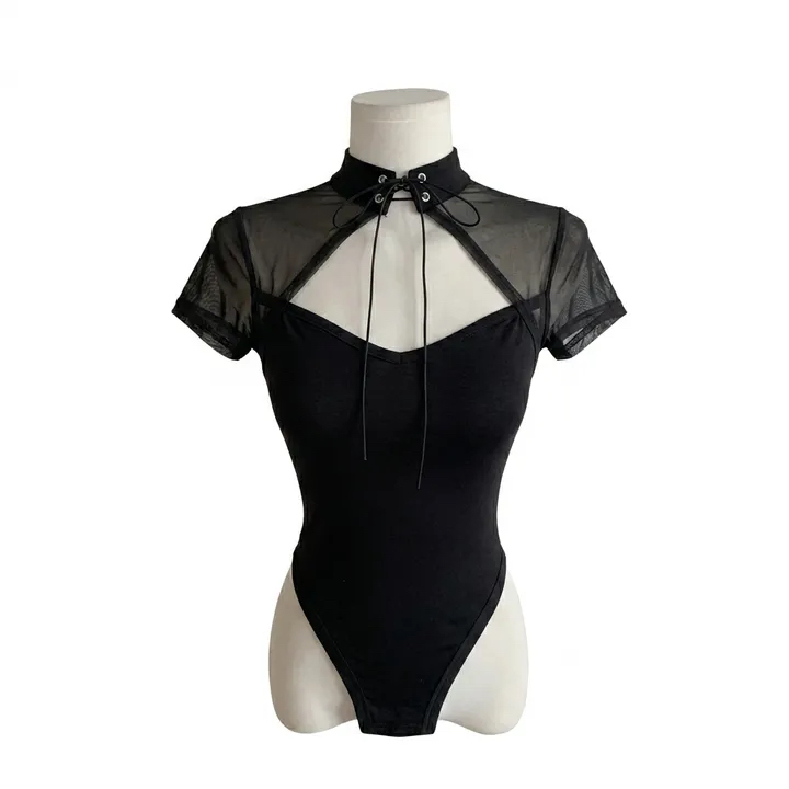 Sheer Cutout Lace-Up Mock Neck Bodysuit
