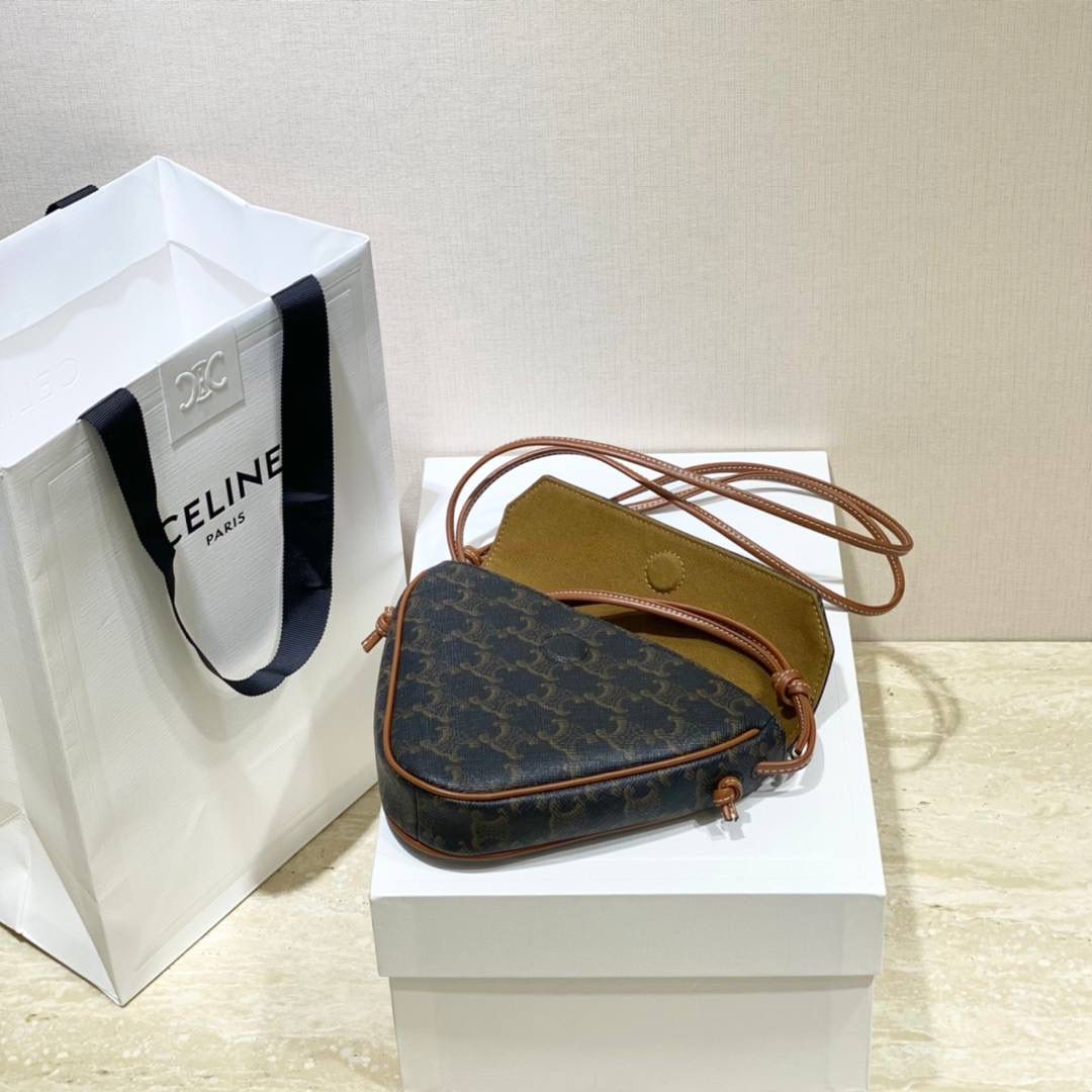 🔥大货实拍图 𝗖𝗘𝗟𝗜𝗡𝗘 ♥ 𝗧𝗥𝗜𝗢𝗠𝗣𝗛𝗘 𝗖𝗔𝗡𝗩𝗔𝗦 三角形手袋 𝑪𝒆𝒍𝒊𝒏𝒆2021春夏竟出其不意的玩起了异形包，三角形造型很是别致，彰显不羁姿态，男女同款，吸晴选手✔ 型号：195902 尺寸：21*15*4cm