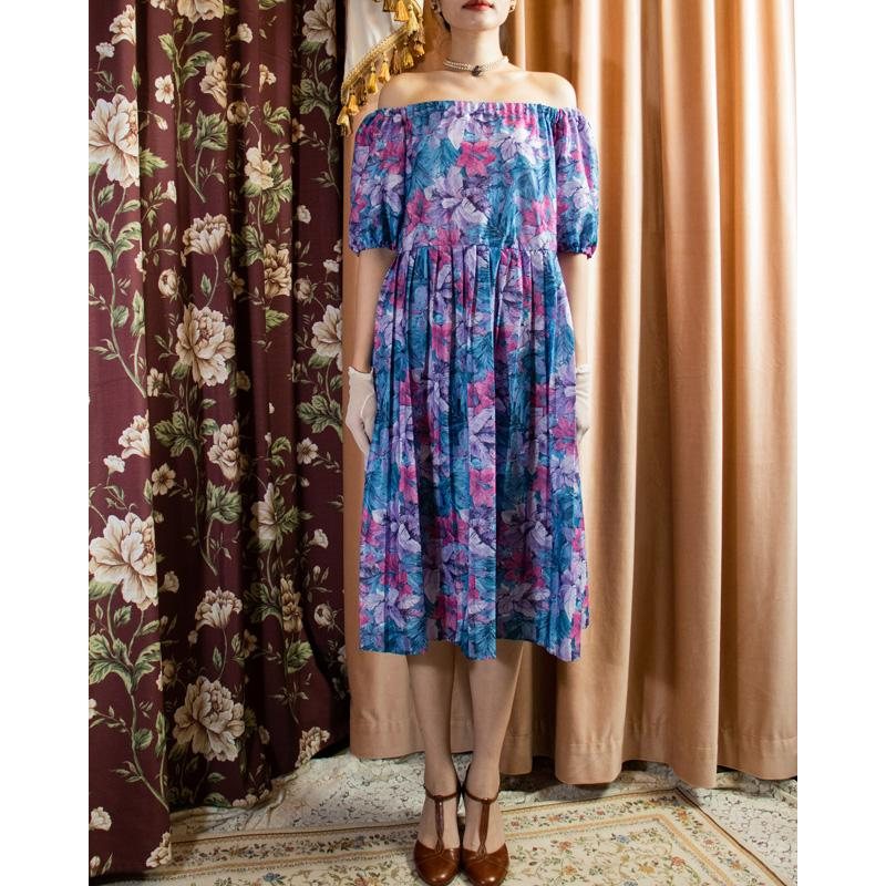 Remade - Made in USA Tropical Violet and Blue Floral Off-shoulder Day Dress (MU104-13)