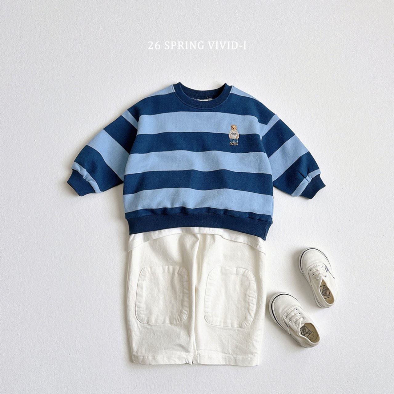 🌸預訂 韓國直送🌸🇰🇷VIVIDI四色標誌性小熊刺繡拼色條紋毛圈寬鬆衛衣