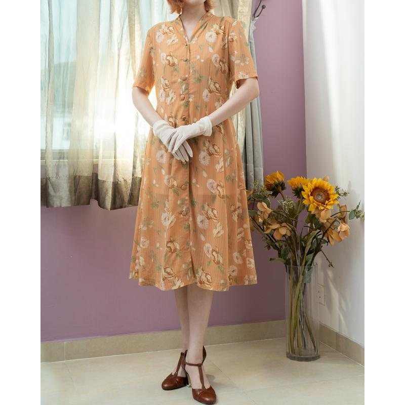 Vintage C.a. 1990s Light Tangerine Floral Pattern Button Up Summer Dress (MT1840-8)