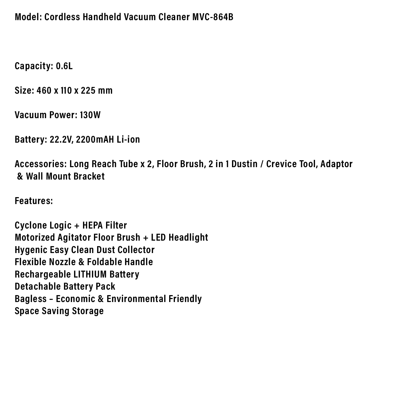 Milux 0.6L Cordless Handheld Vacuum Cleaner (MVC-864B)