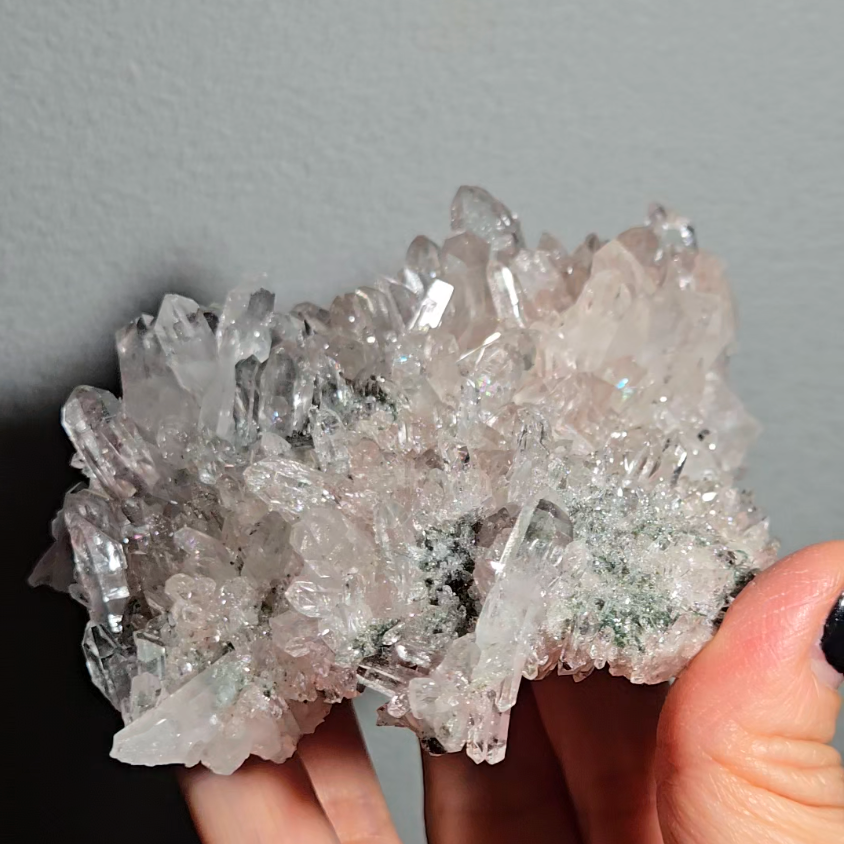 Pink Lemurian quartz cluster with green chlorite, rainbows - LQ189