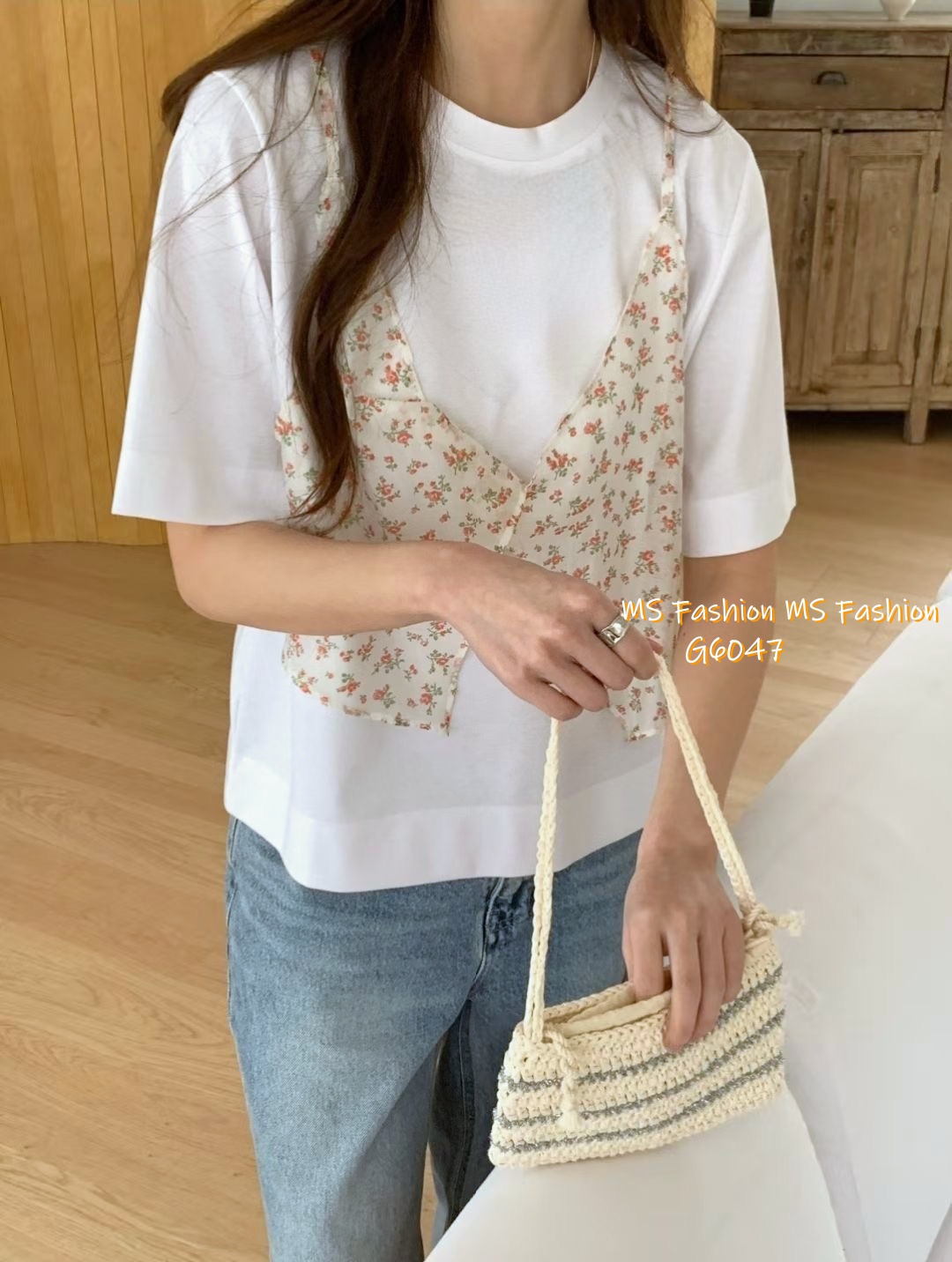 G6047 韓國🇰🇷假兩件拼碎花布top