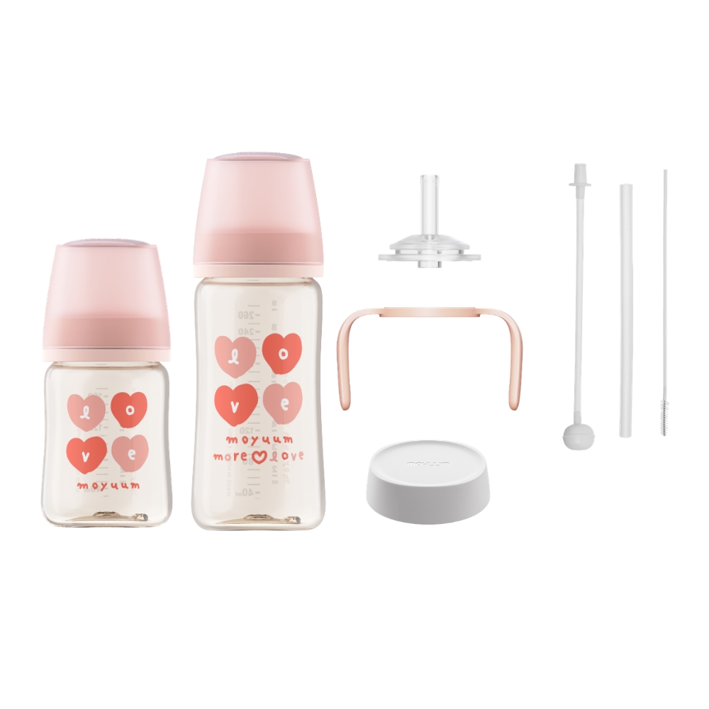 Moyuum - PPSU 寬口防漲氣奶瓶170+270ml(蜜桃心心)+寬口奶瓶防漏學習吸管套裝(米色)送奶瓶蓋配件(白色)_MY281