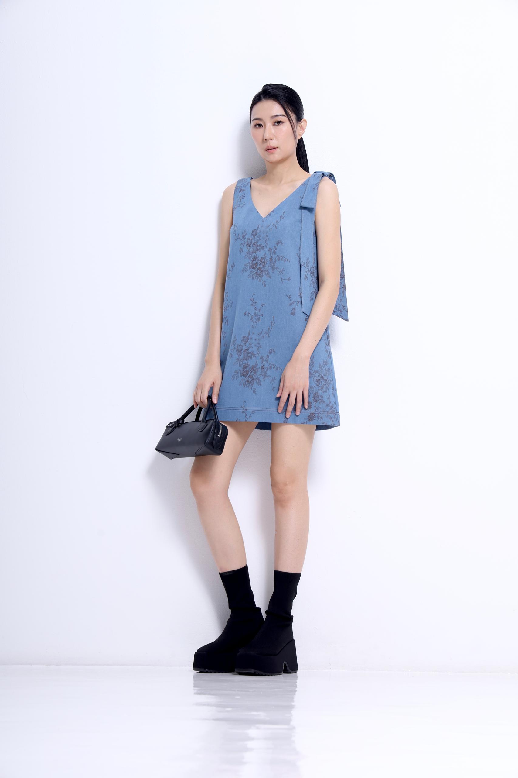 CD2156 Jacquard Denim Bow Shoulder Shift Dress