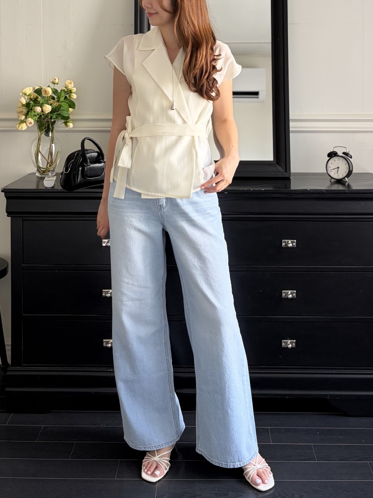 Silky Belted Wrap Blouse (Ivory)